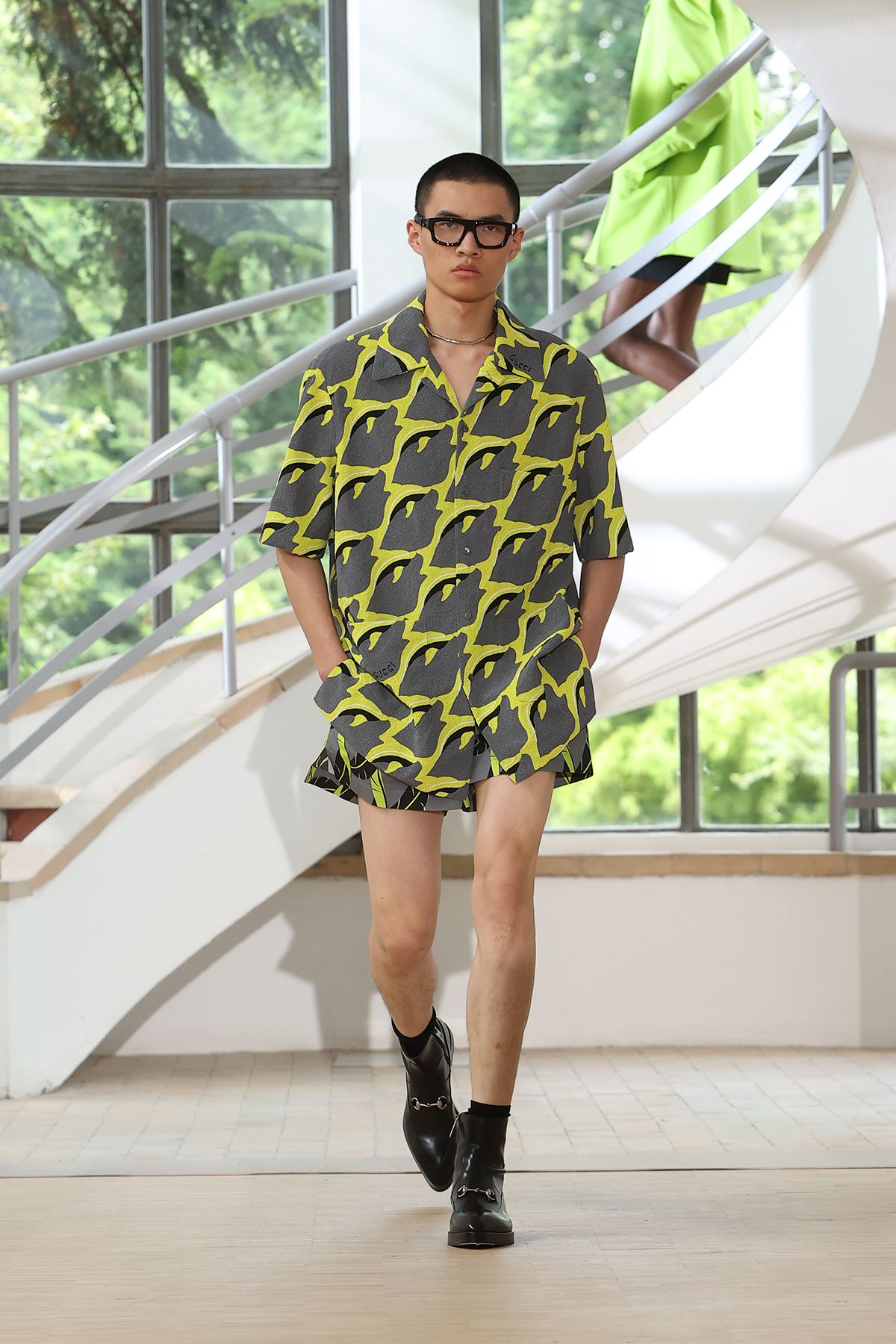 gray cotton short-sleeve collared relaxed printed shirt