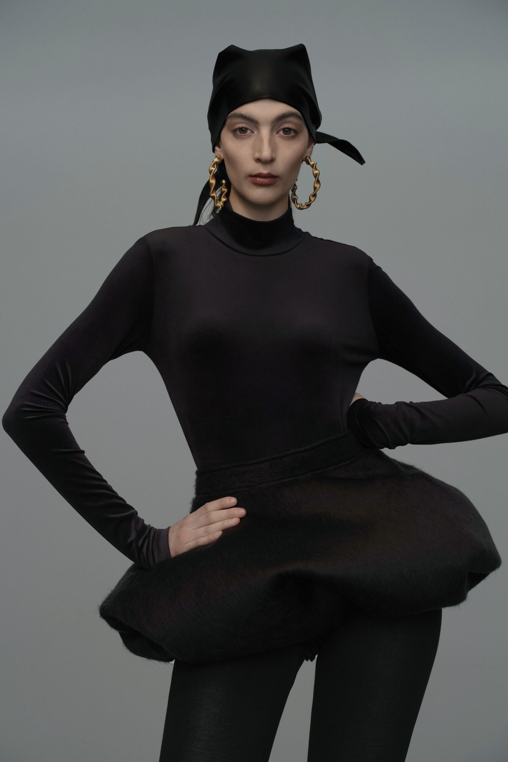 black velvet fitted top and flared skirt