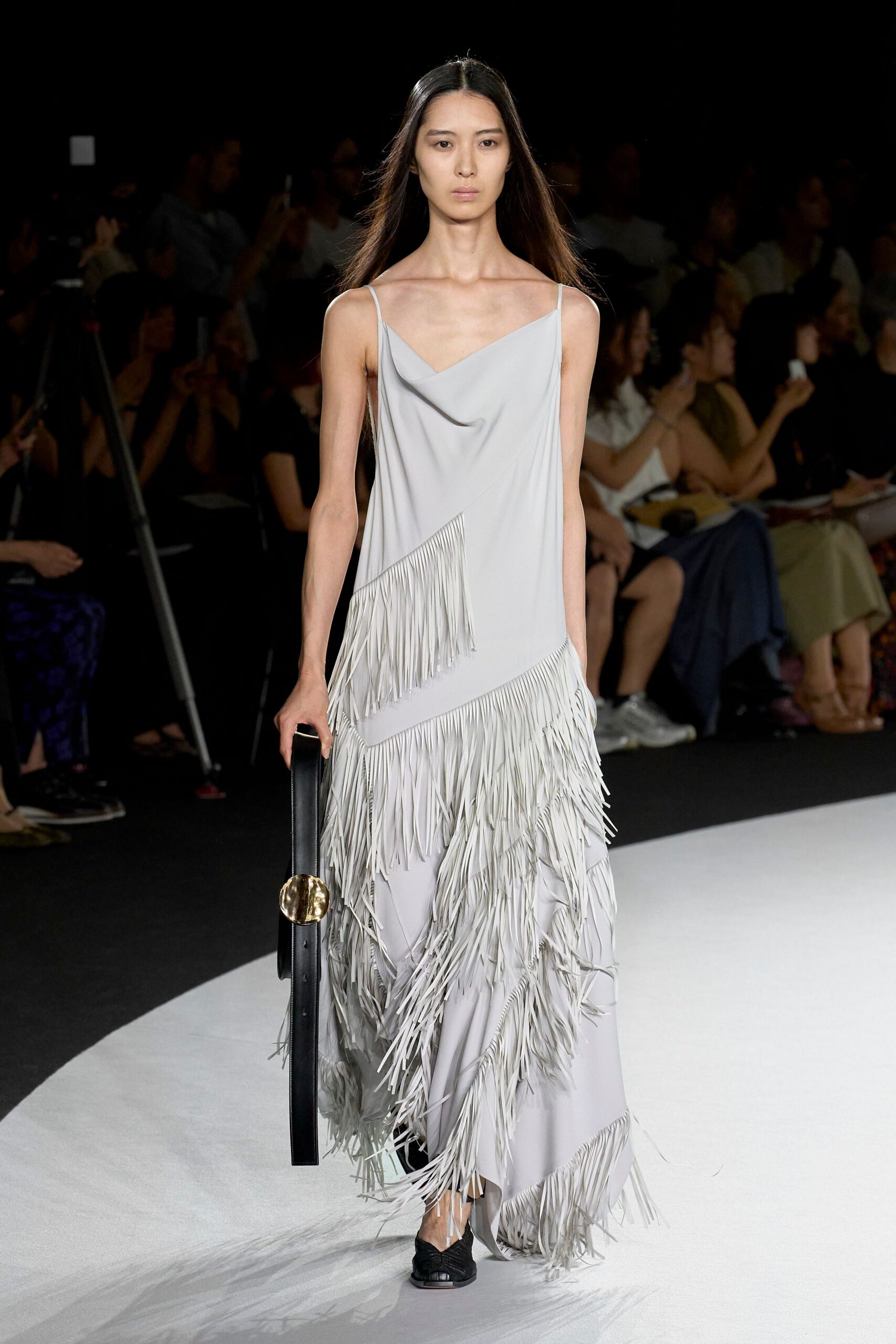gray fringed maxi dress with black accessories
