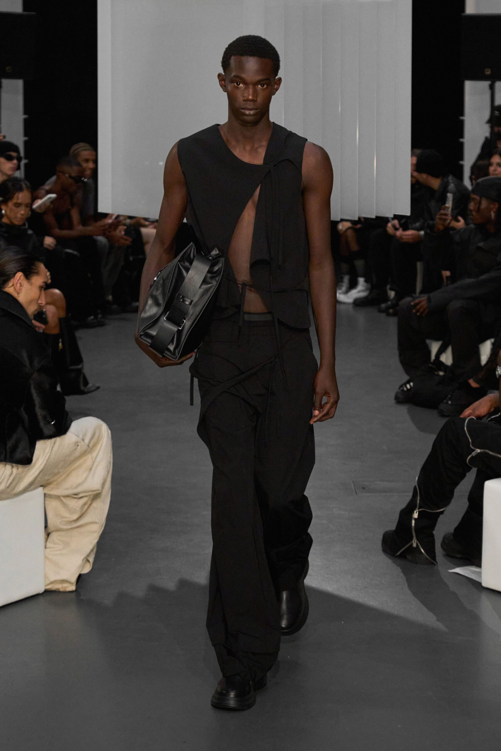 black fitted top with relaxed pants