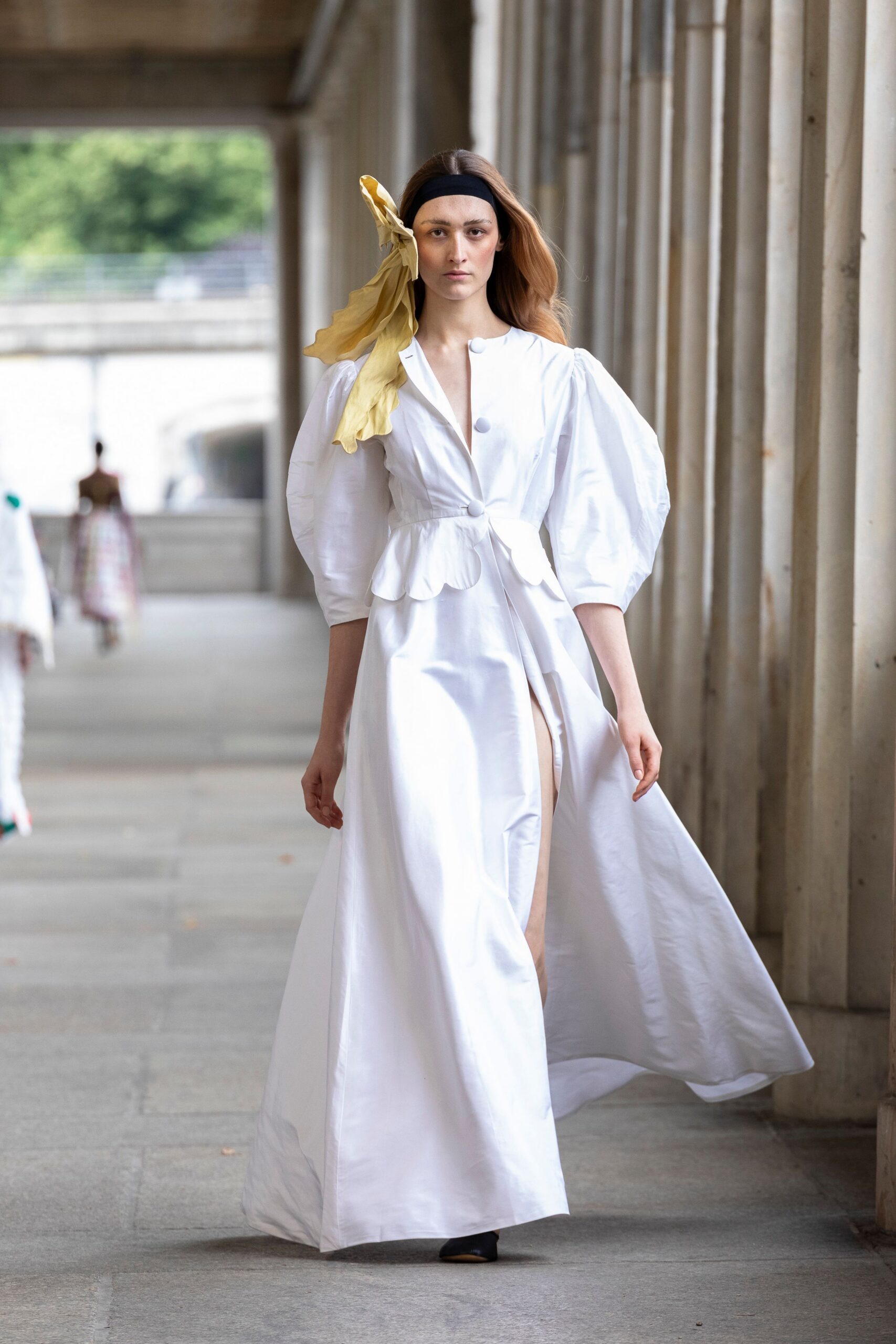 white midi dress with yellow hat