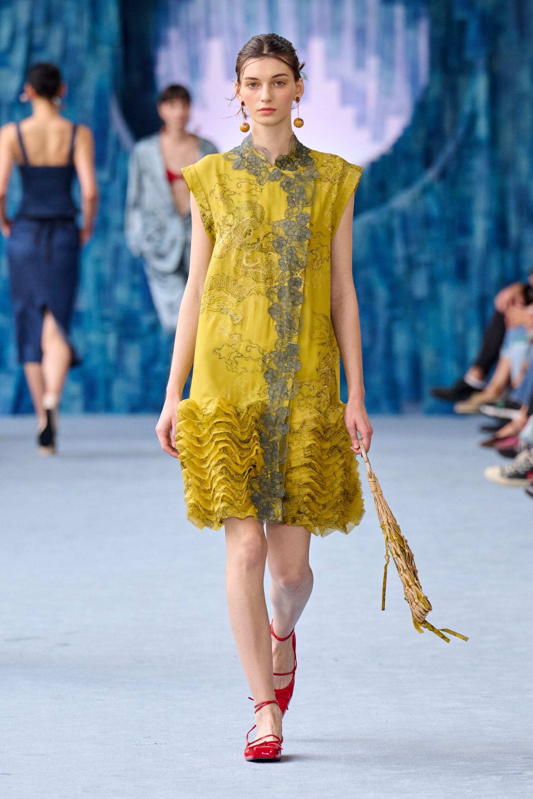 yellow silk sleeveless collared relaxed ruffled embroidered dress