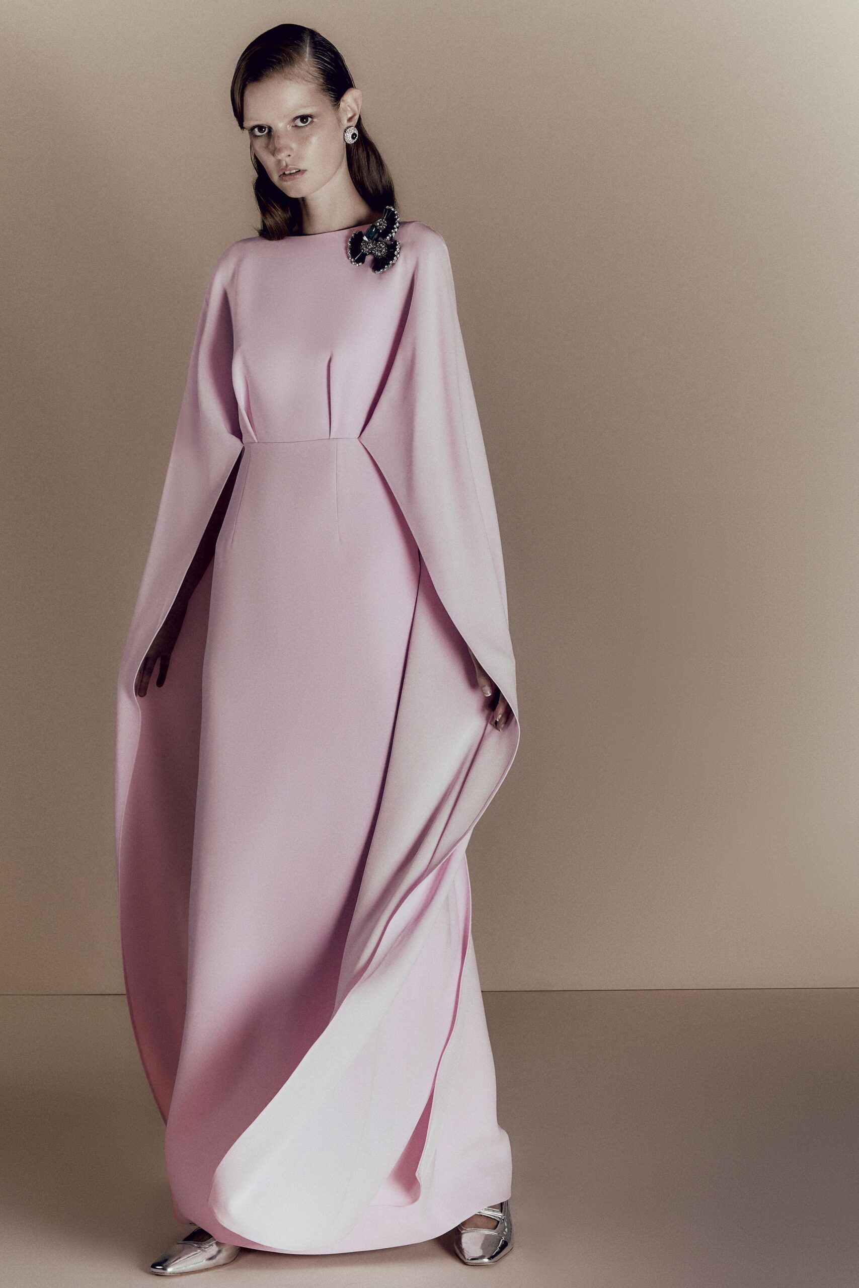 pink silk draped gown