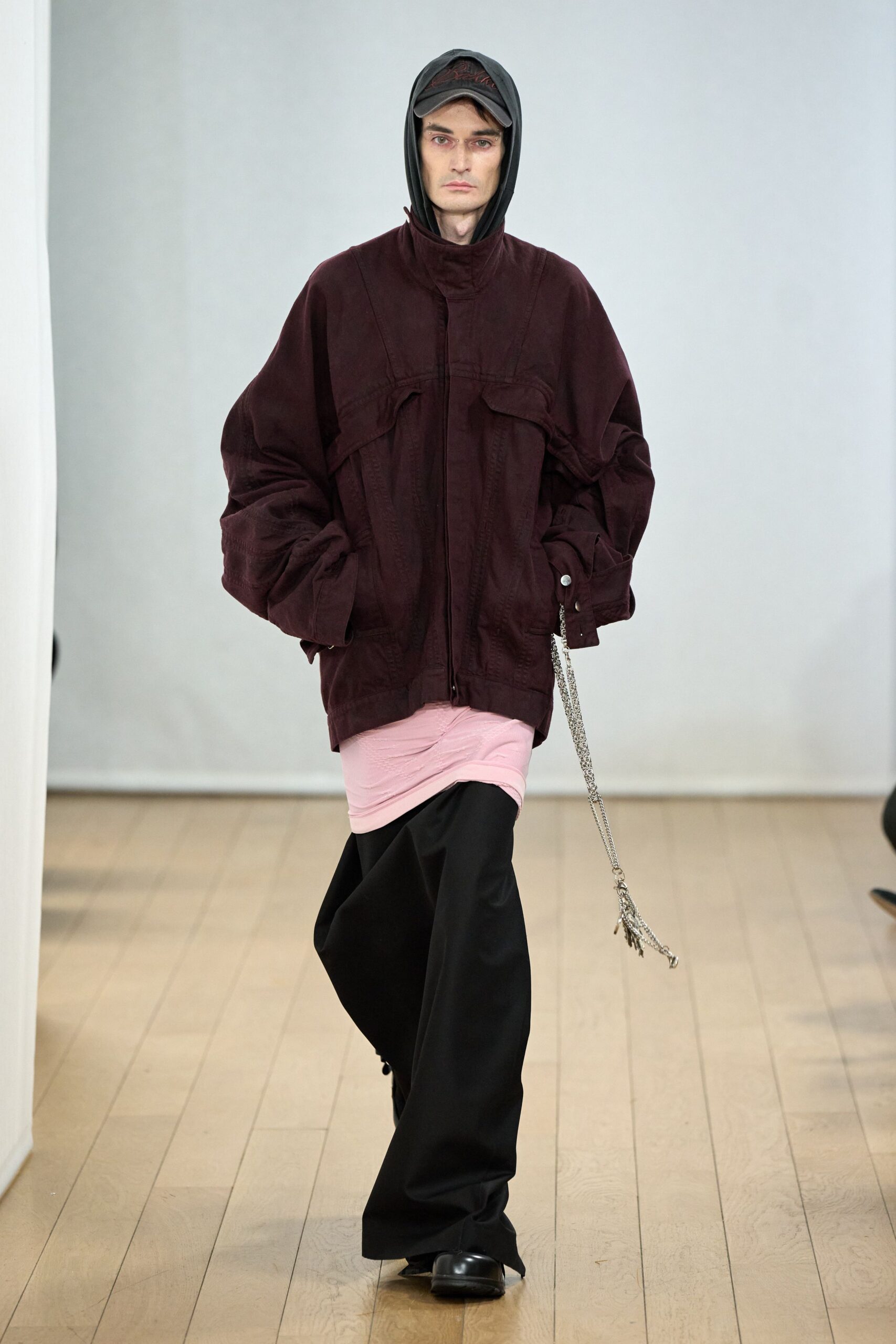 oversized burgundy jacket with pink top