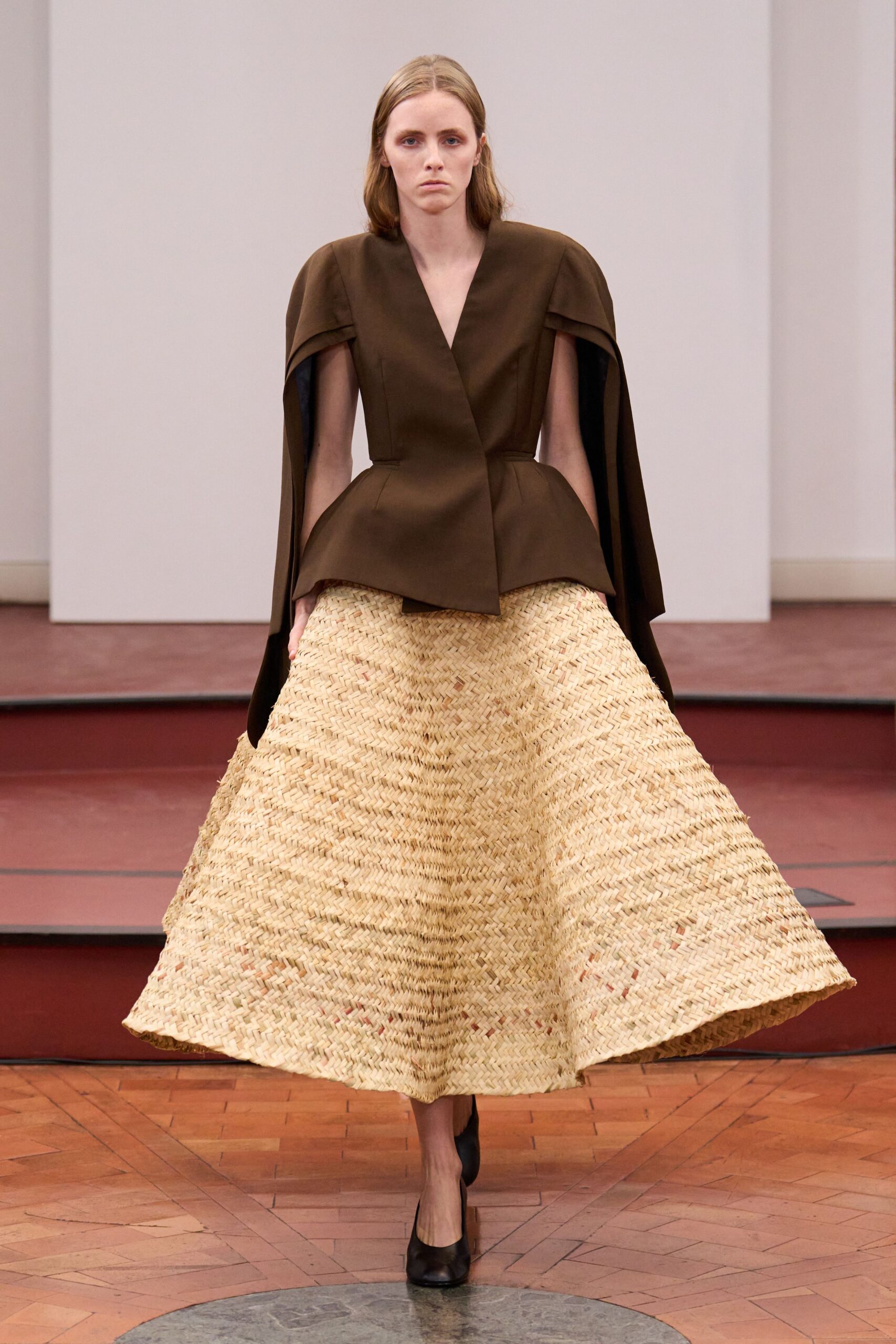 brown blazer beige flared skirt