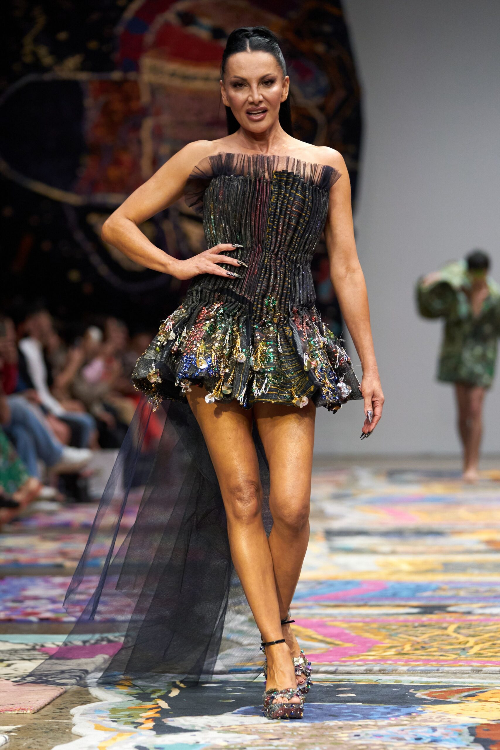 multi silk strapless fitted ruffled layered sheer dress