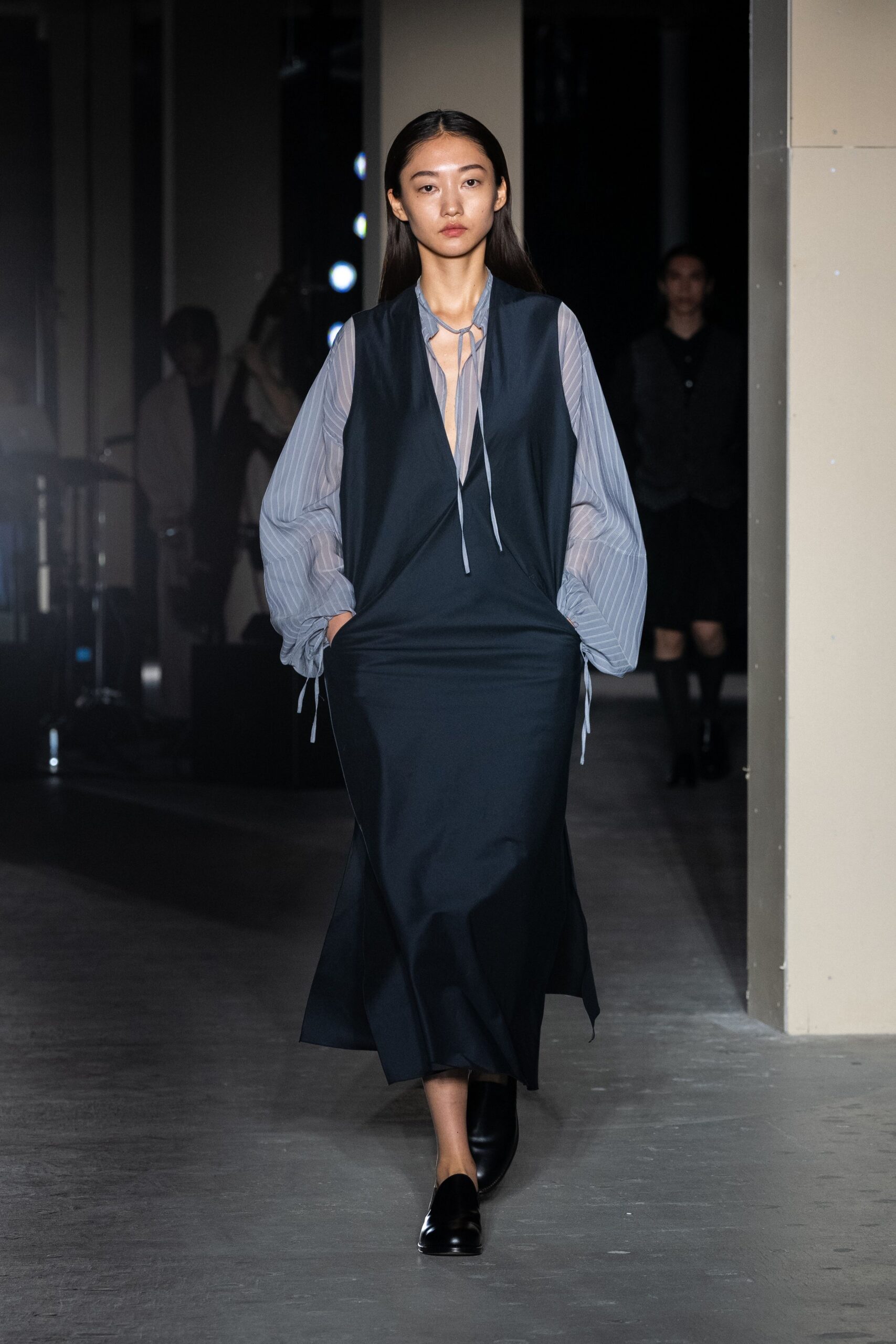 black midi dress with gray shirt