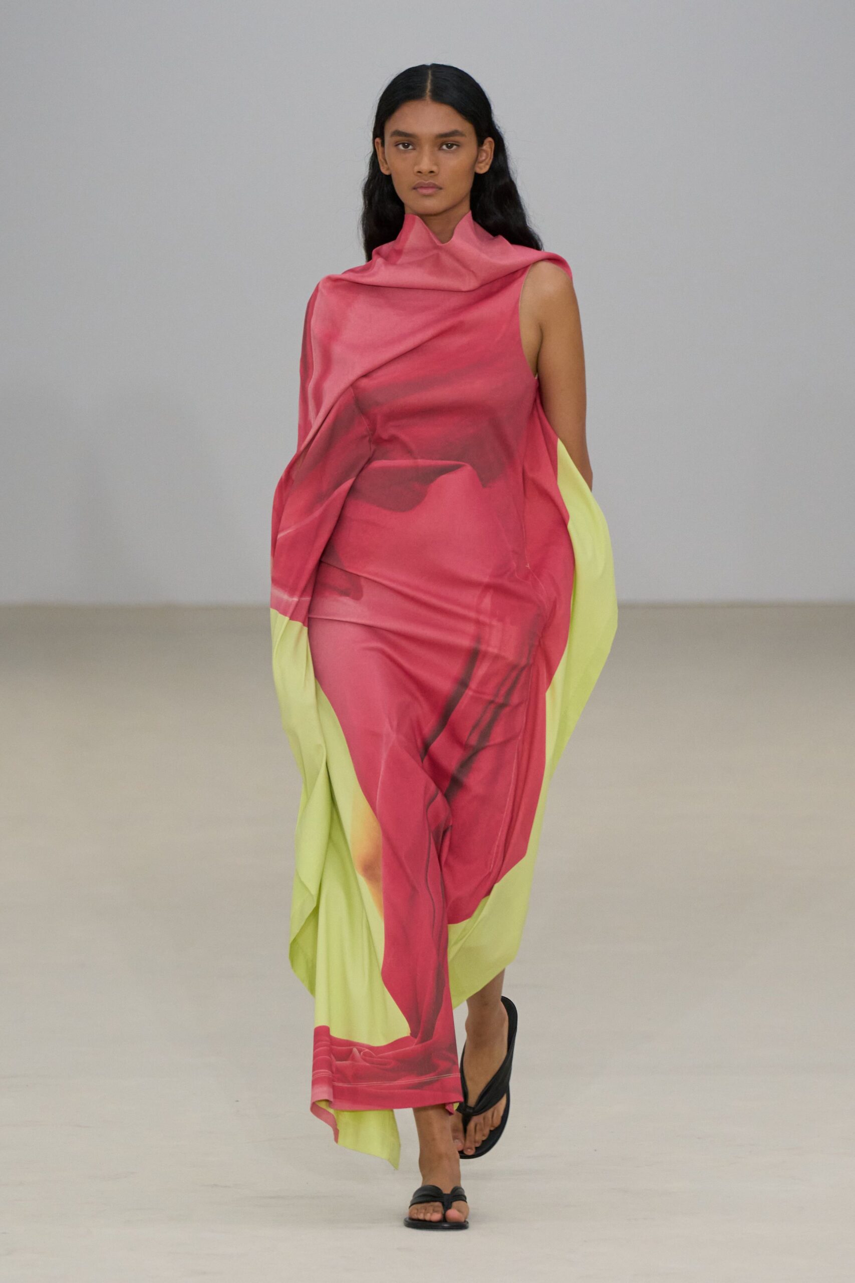 red silk sleeveless high-neck relaxed draped flowing dress