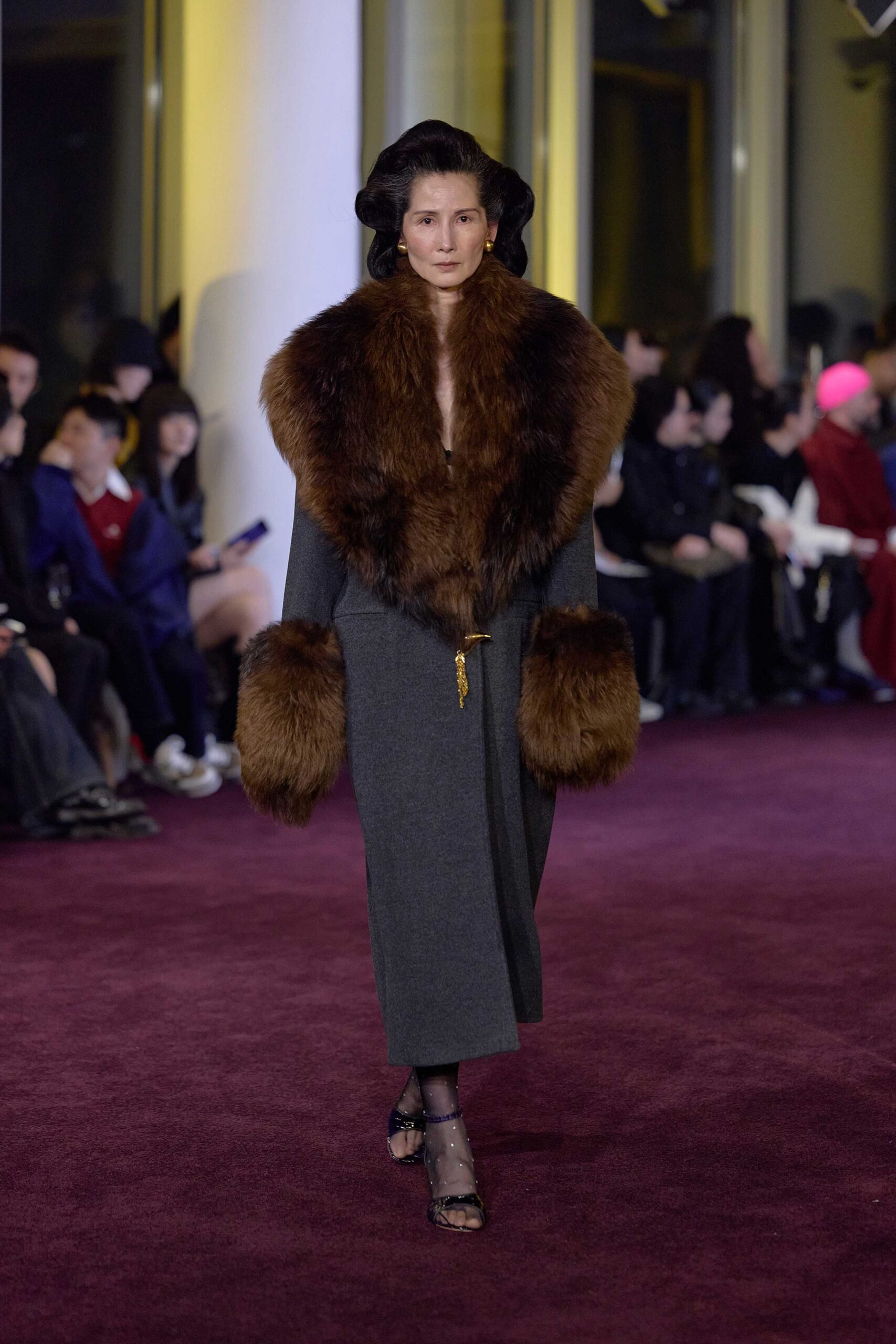 gray wool coat with brown fur