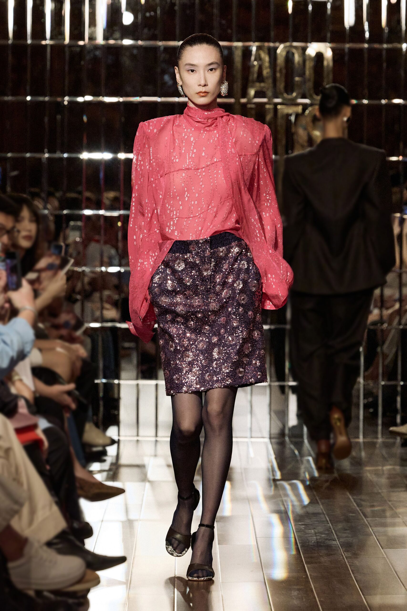 pink silk blouse with purple skirt