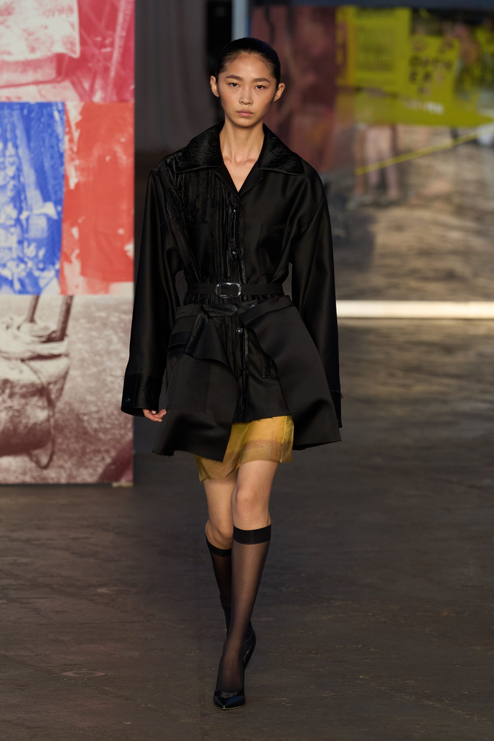 black silk long-sleeve collared fitted pleated belted dress