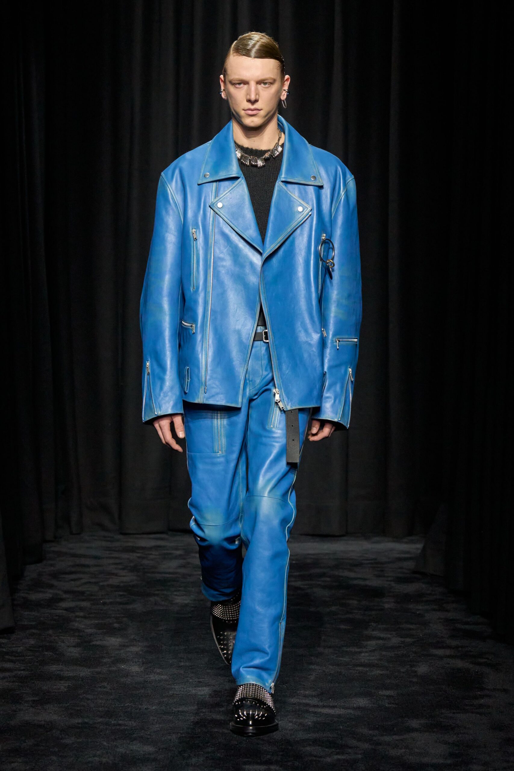 blue leather jacket and pants