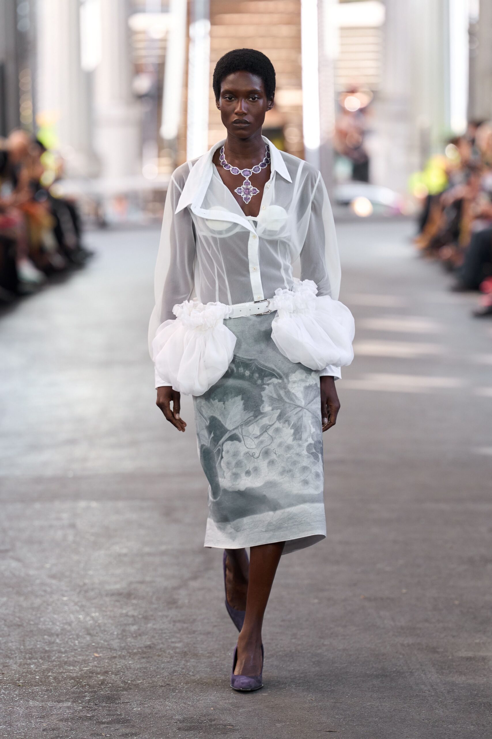 white sheer shirt gray pencil skirt