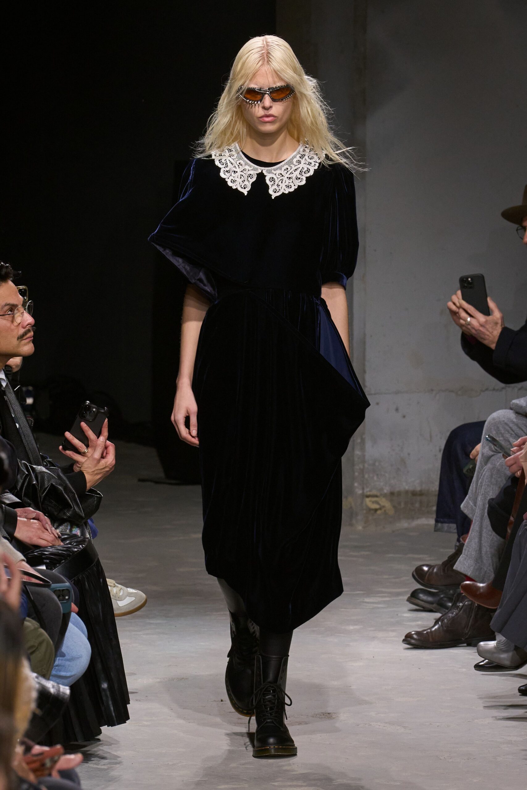 blue velvet short-sleeve collared fitted draped midi dress