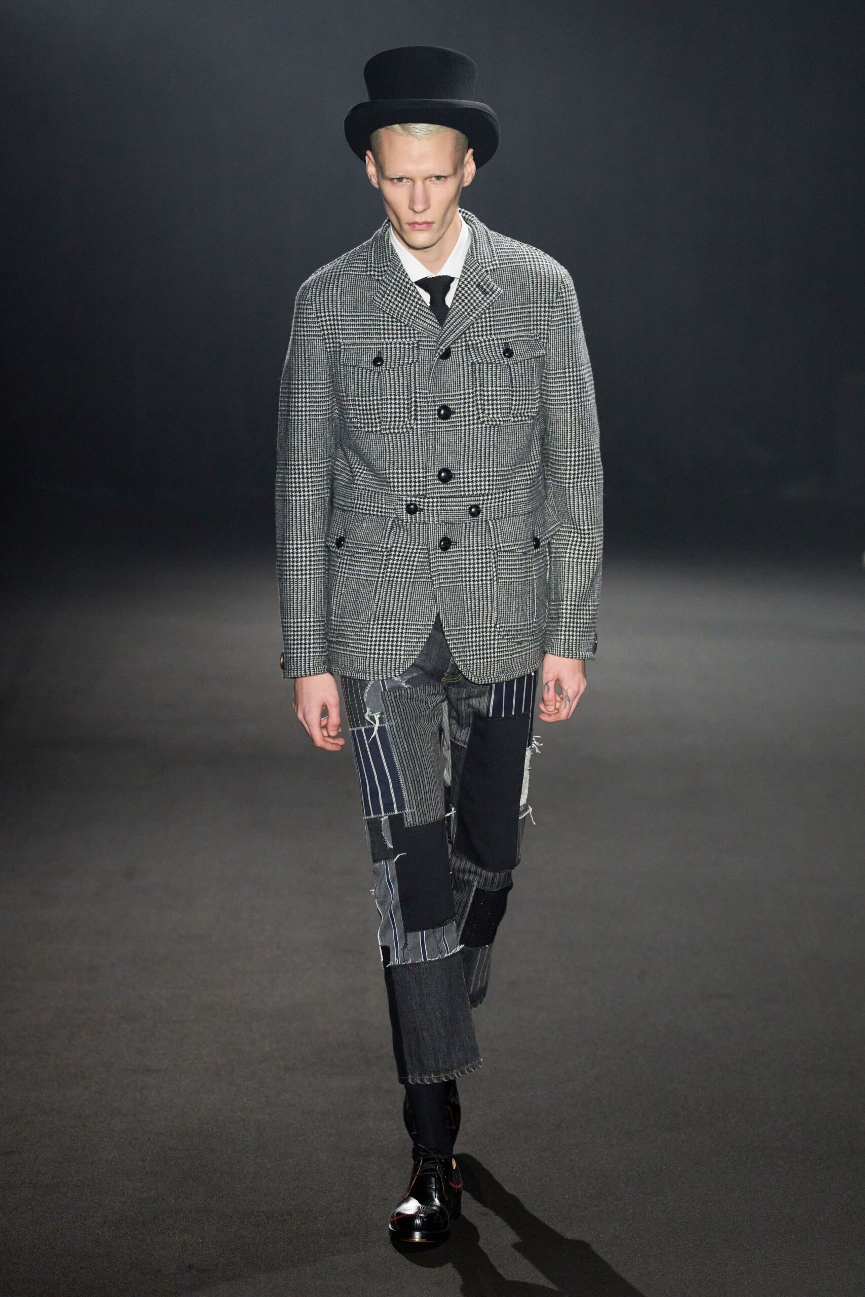 gray tweed blazer with patchwork pants