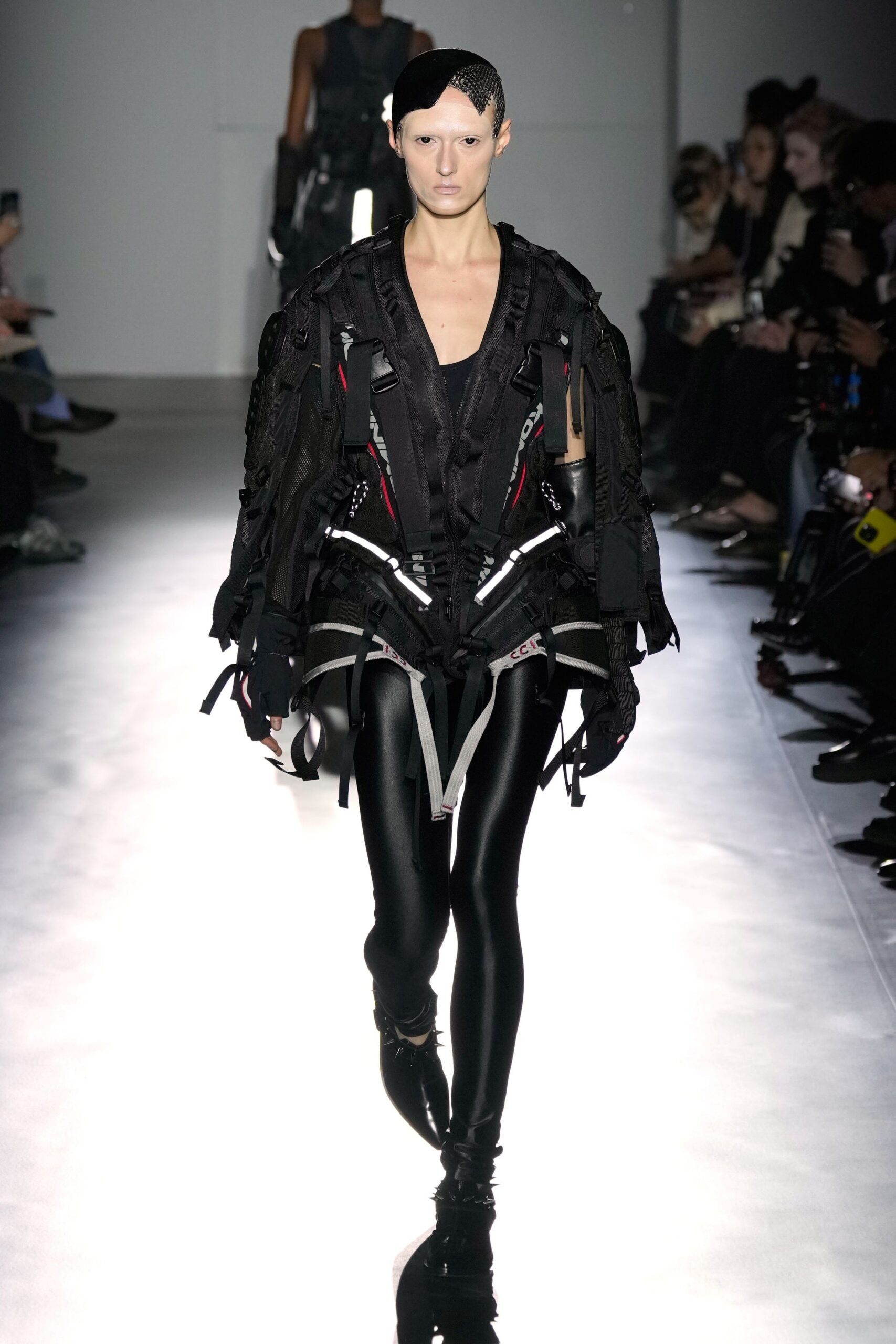 black vinyl fitted straight-leg shiny pants