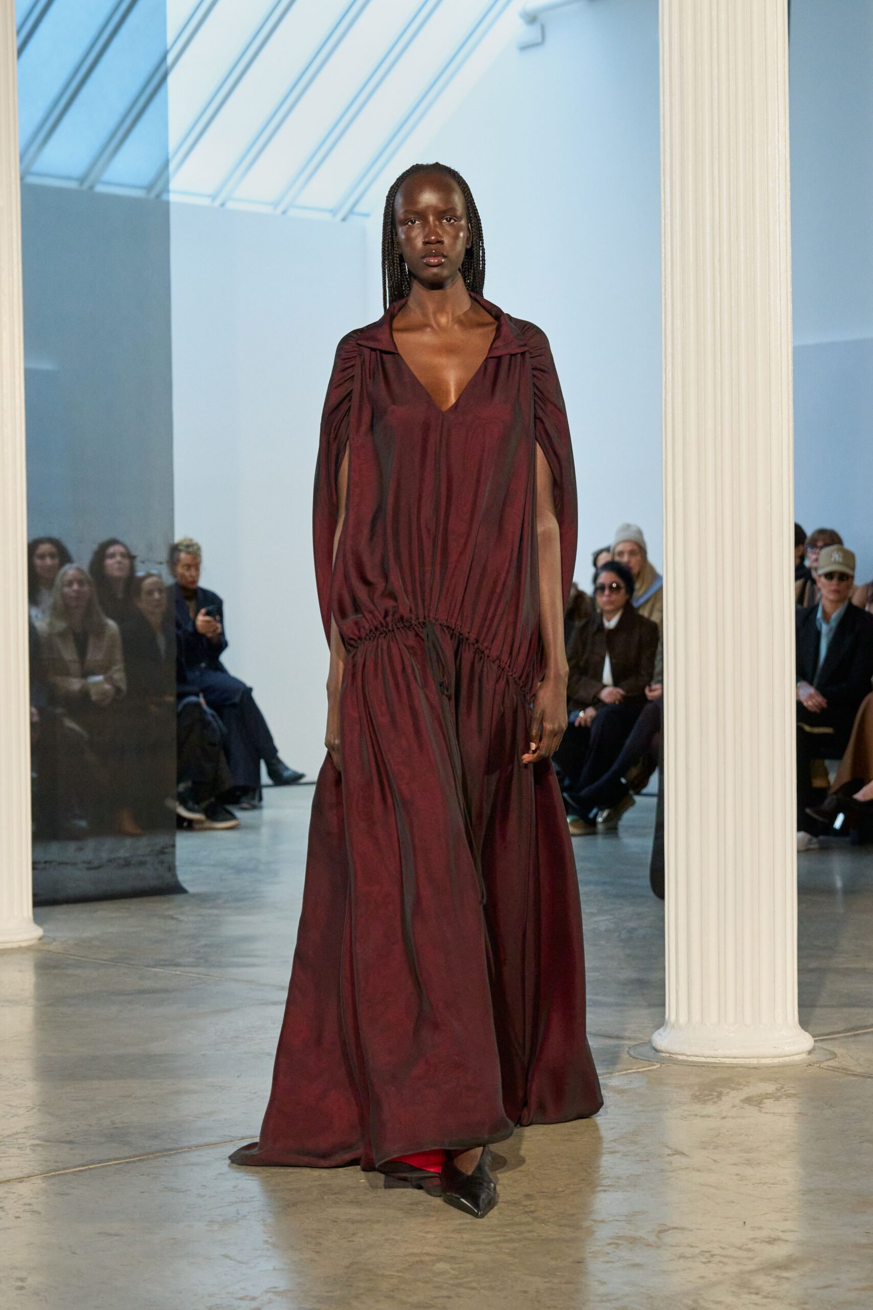 maroon silk sleeveless v-neck relaxed draped tiered gown