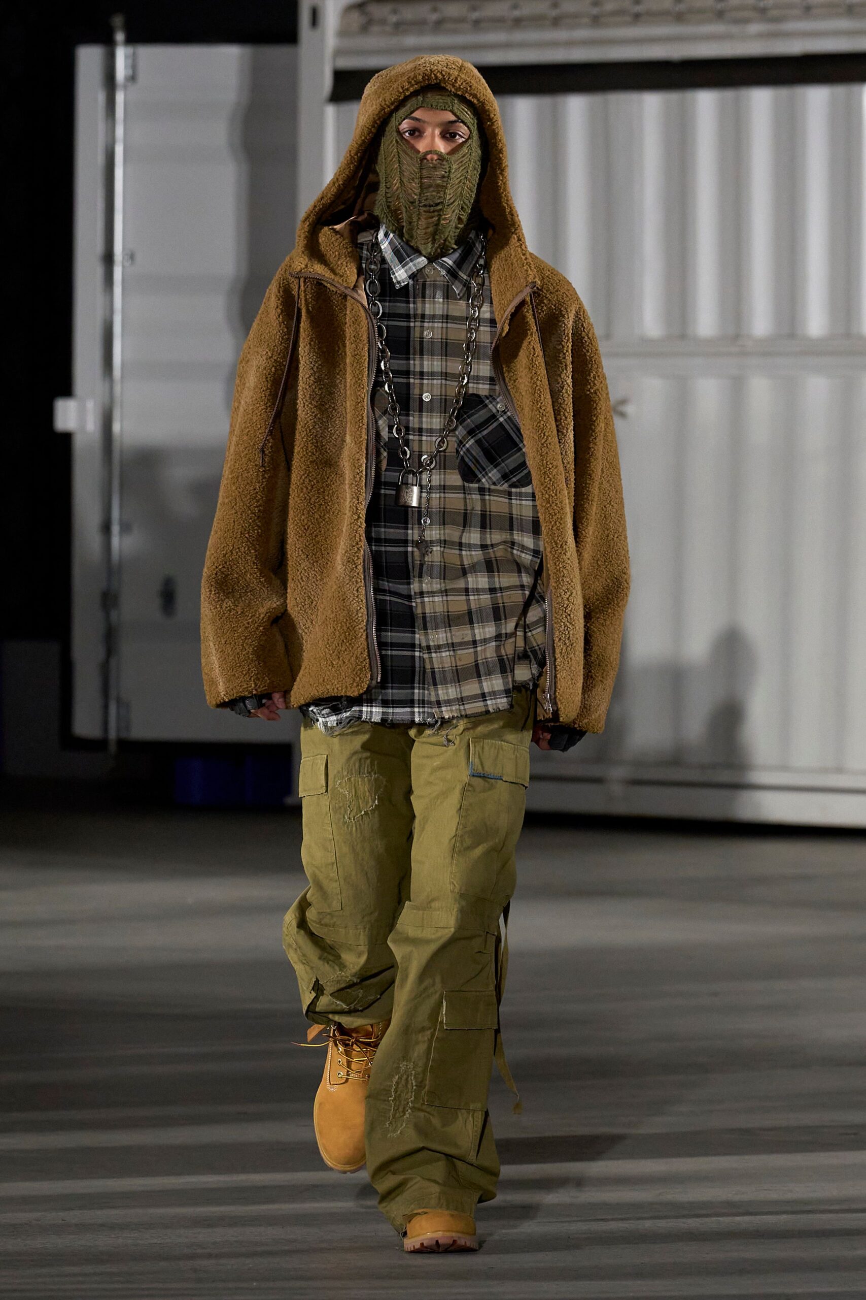 brown faux-fur jacket with cargo pants