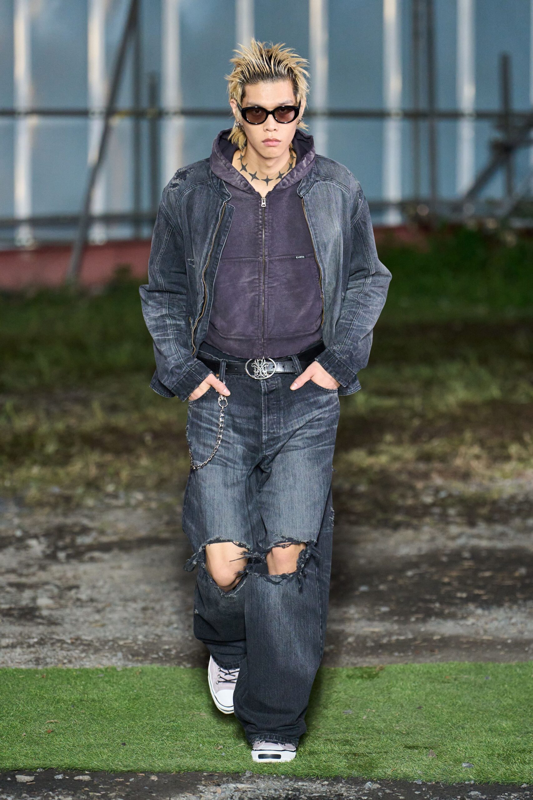 denim jacket gray hoodie distressed pants
