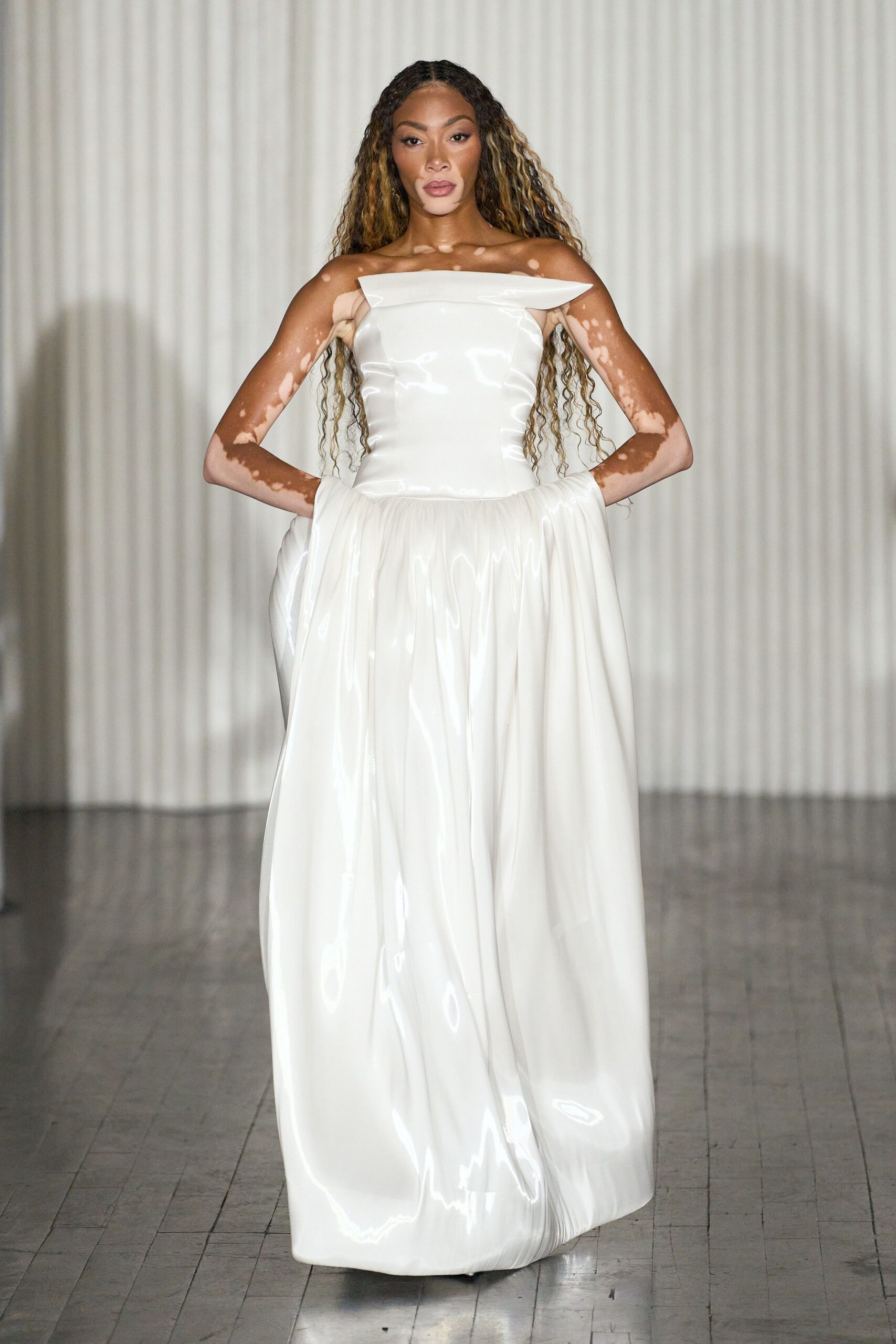 white satin strapless gown