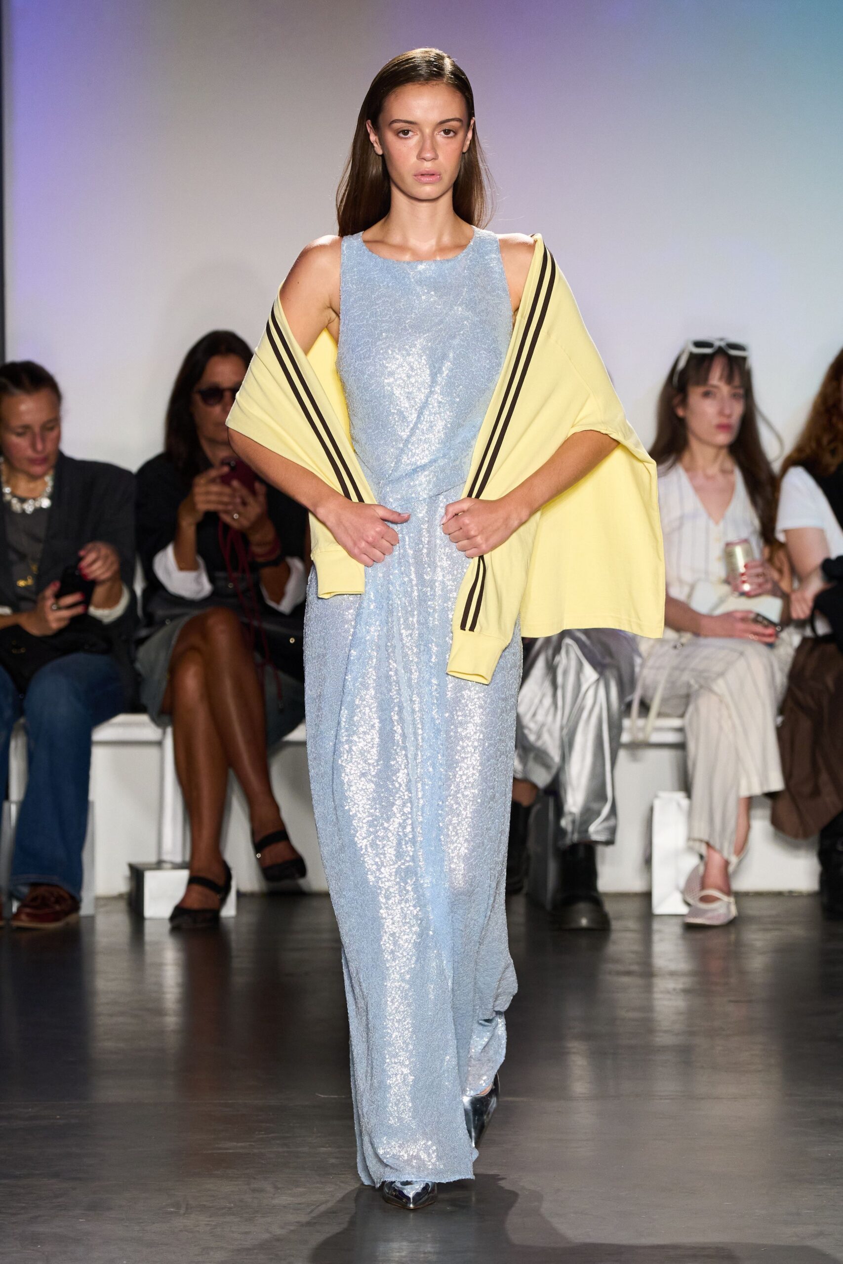 blue sequin gown with yellow jacket