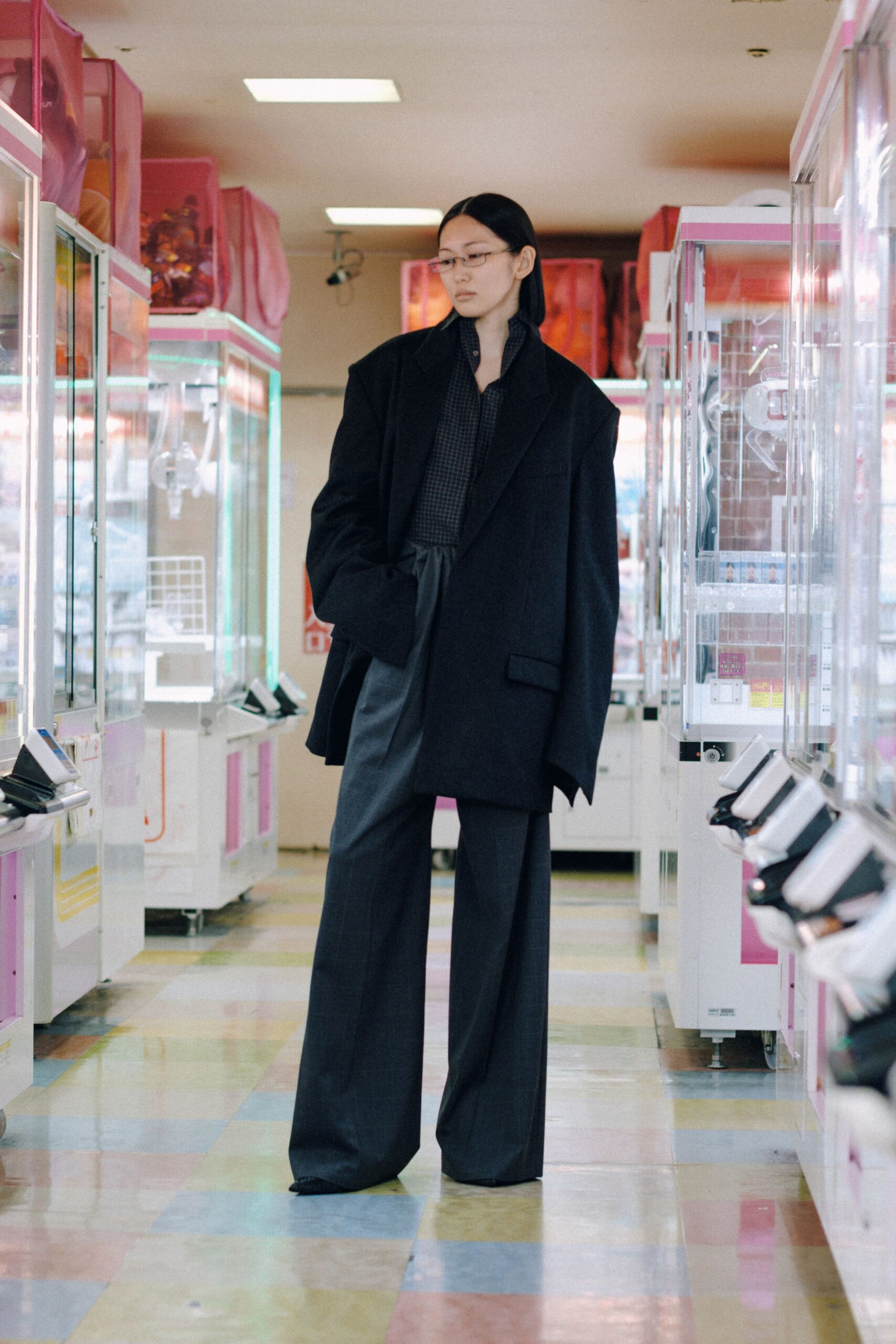 oversized black blazer and relaxed pants