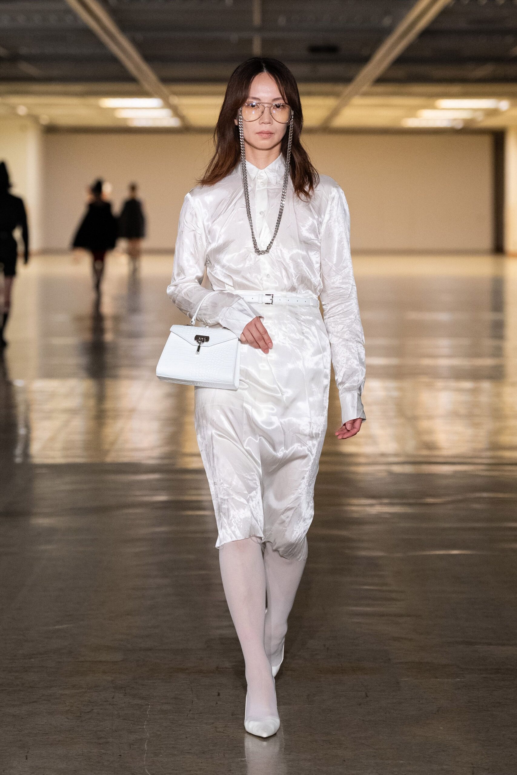white silk long-sleeve collared fitted belted pleated dress