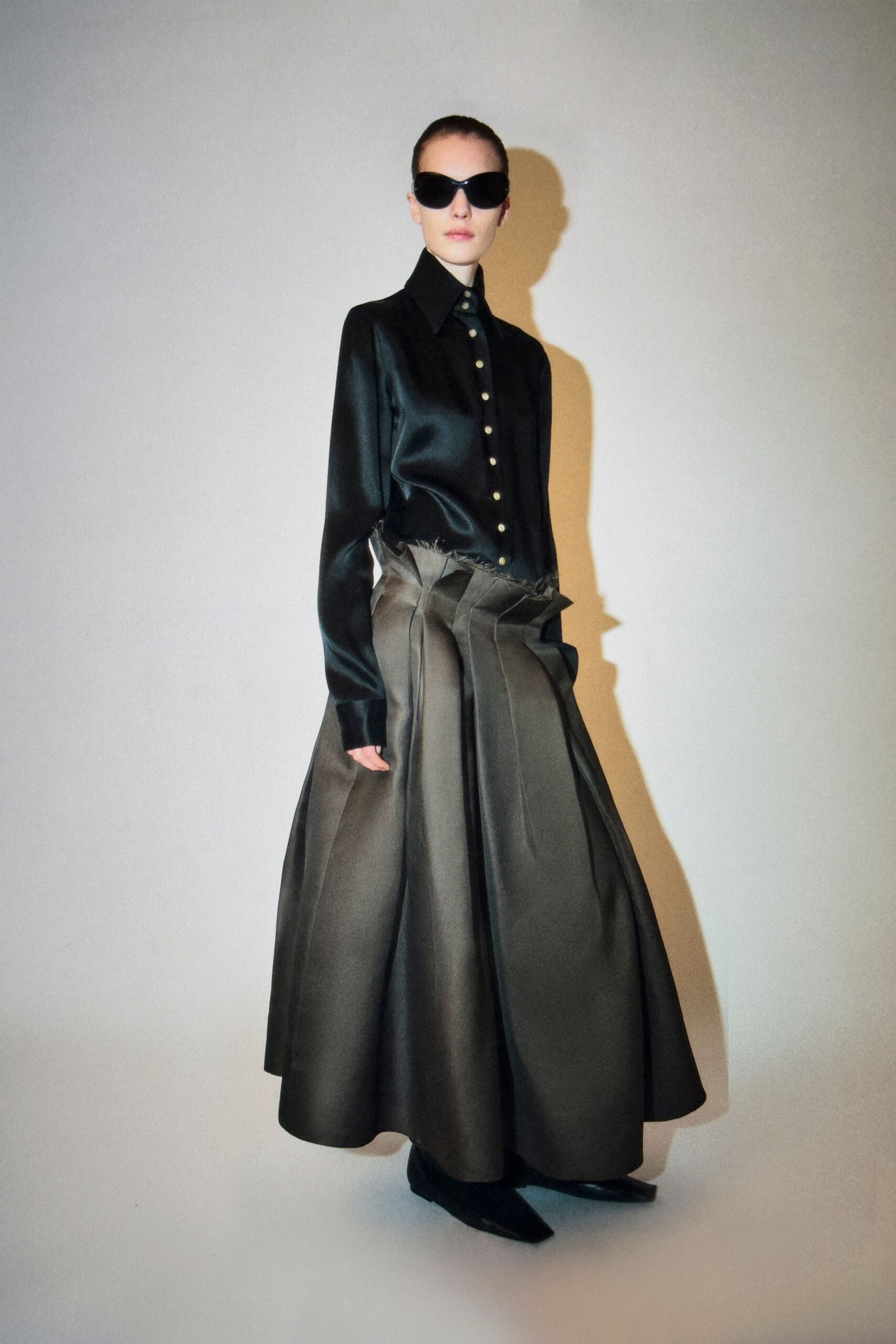 gray satin fitted high-waisted pleated maxi skirt