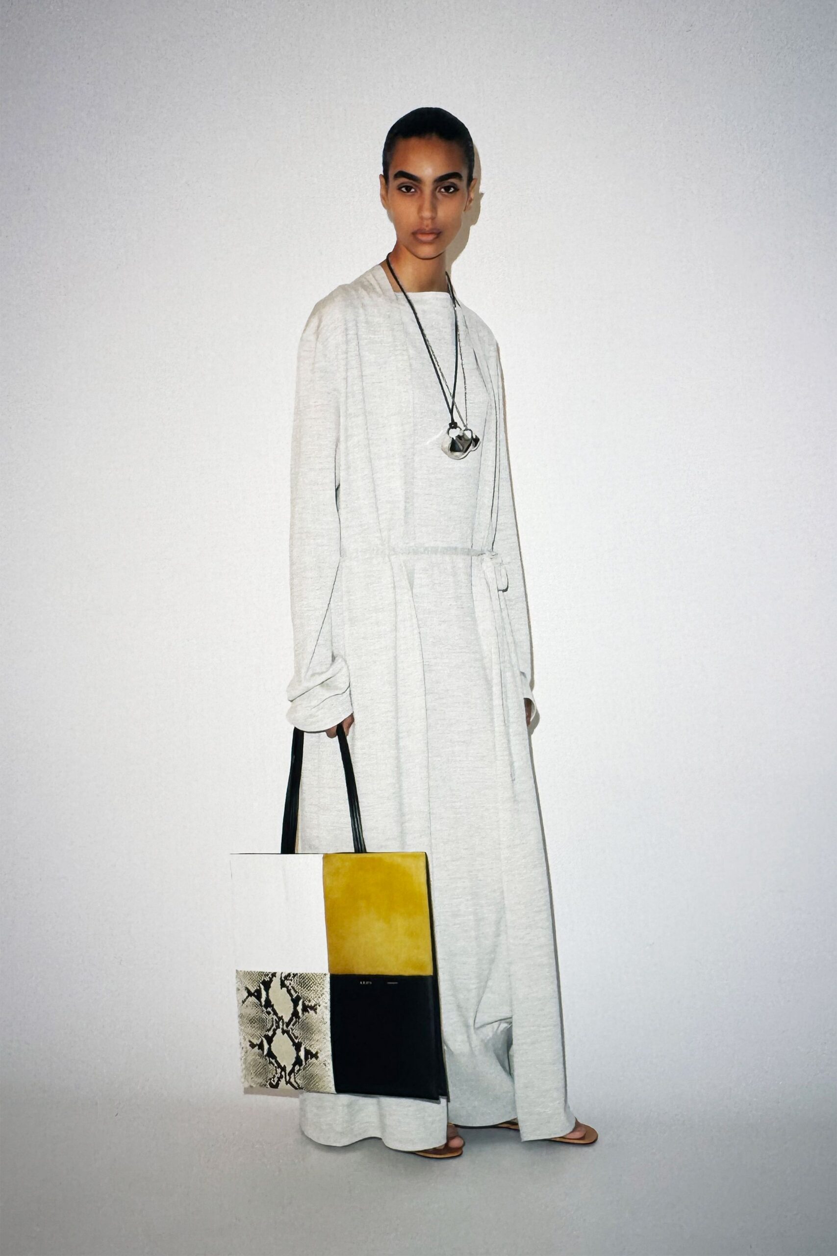 gray relaxed maxi dress with bag