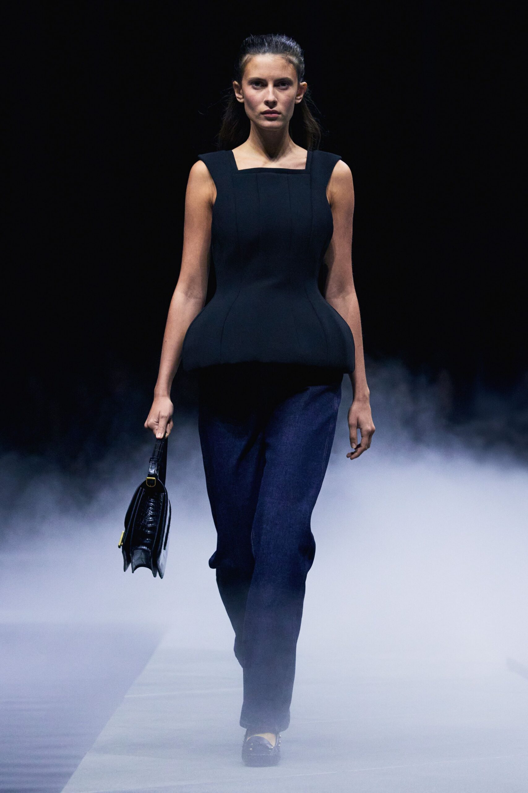 black cotton sleeveless square-neck fitted flared top