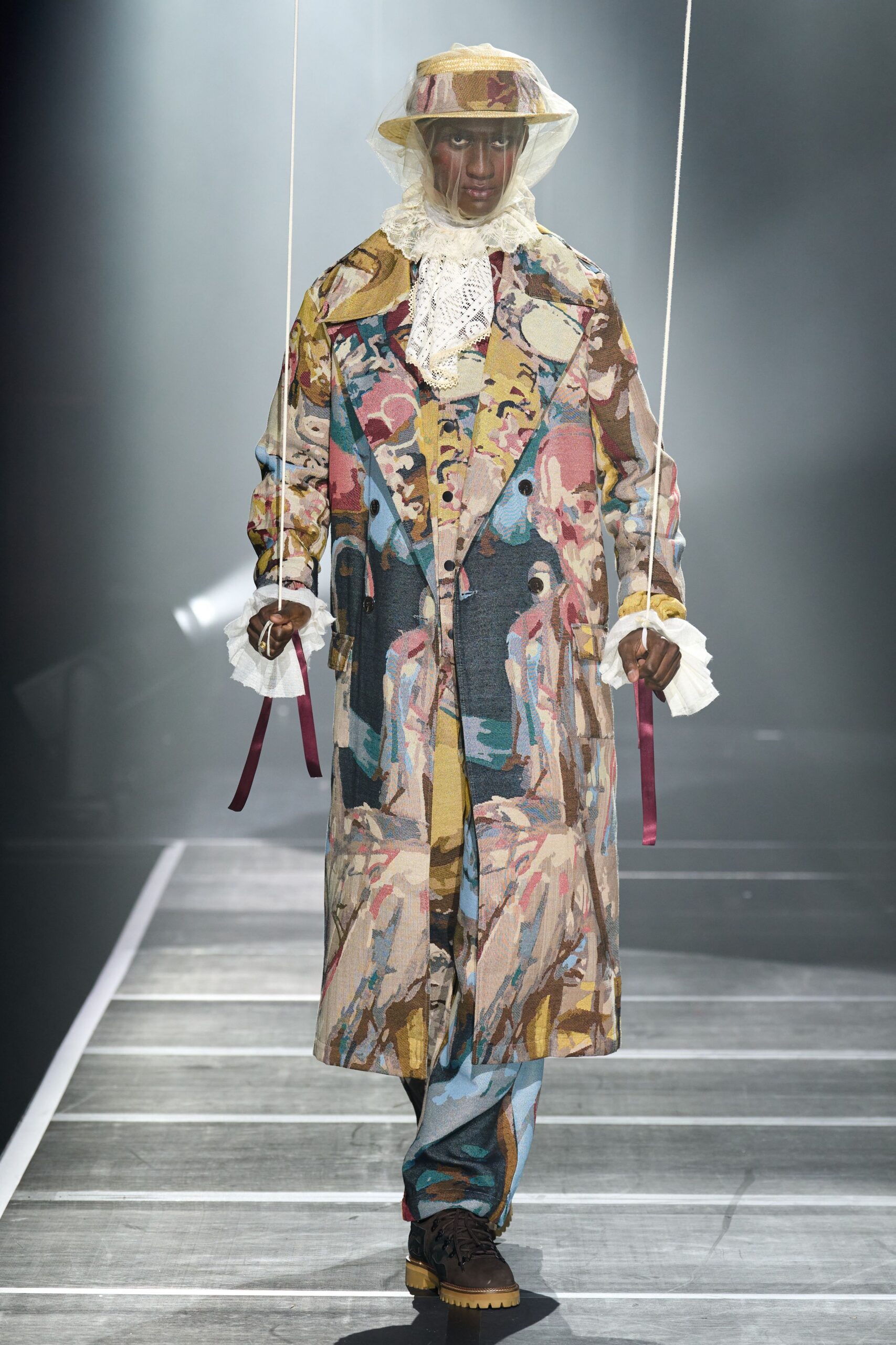 multi cotton long-sleeve collared relaxed printed coat