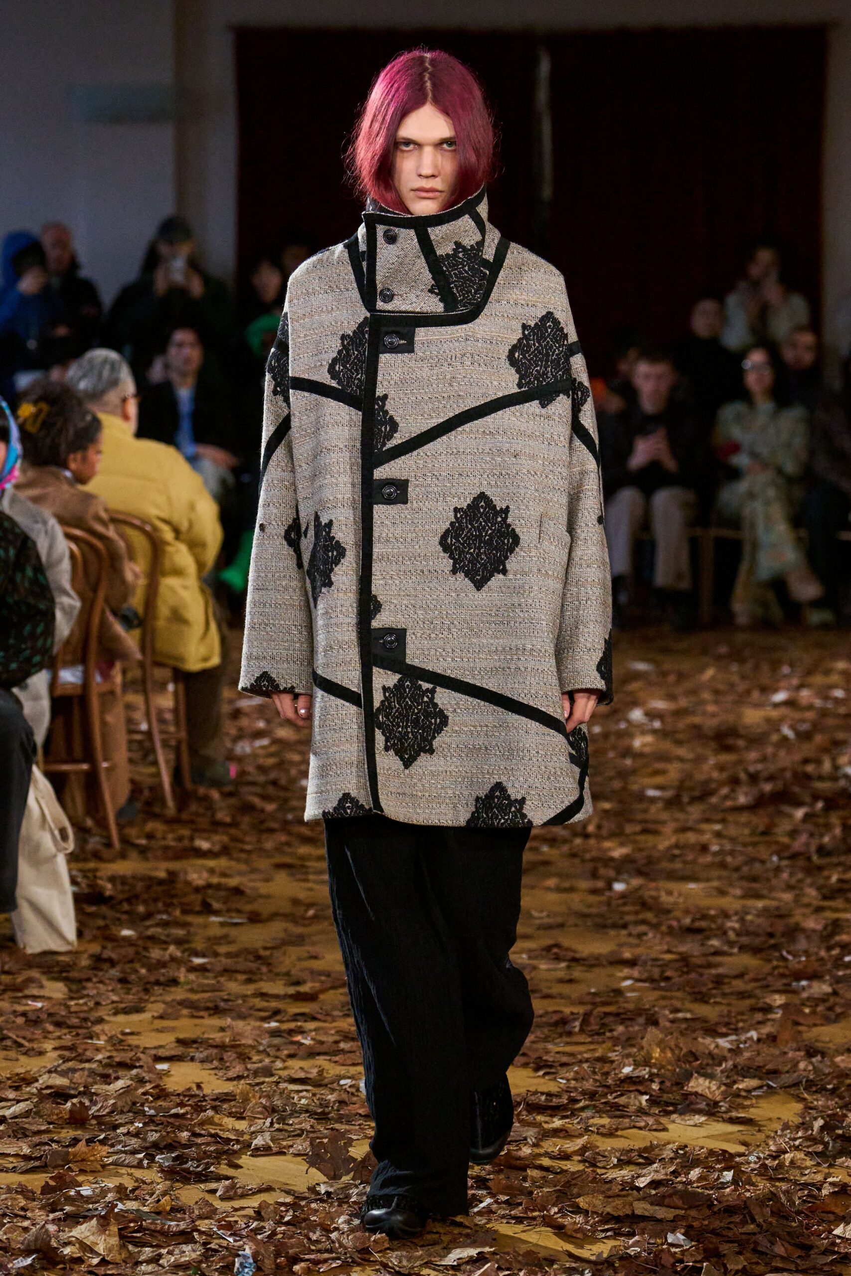 beige wool long-sleeve collared relaxed embroidered buttoned coat