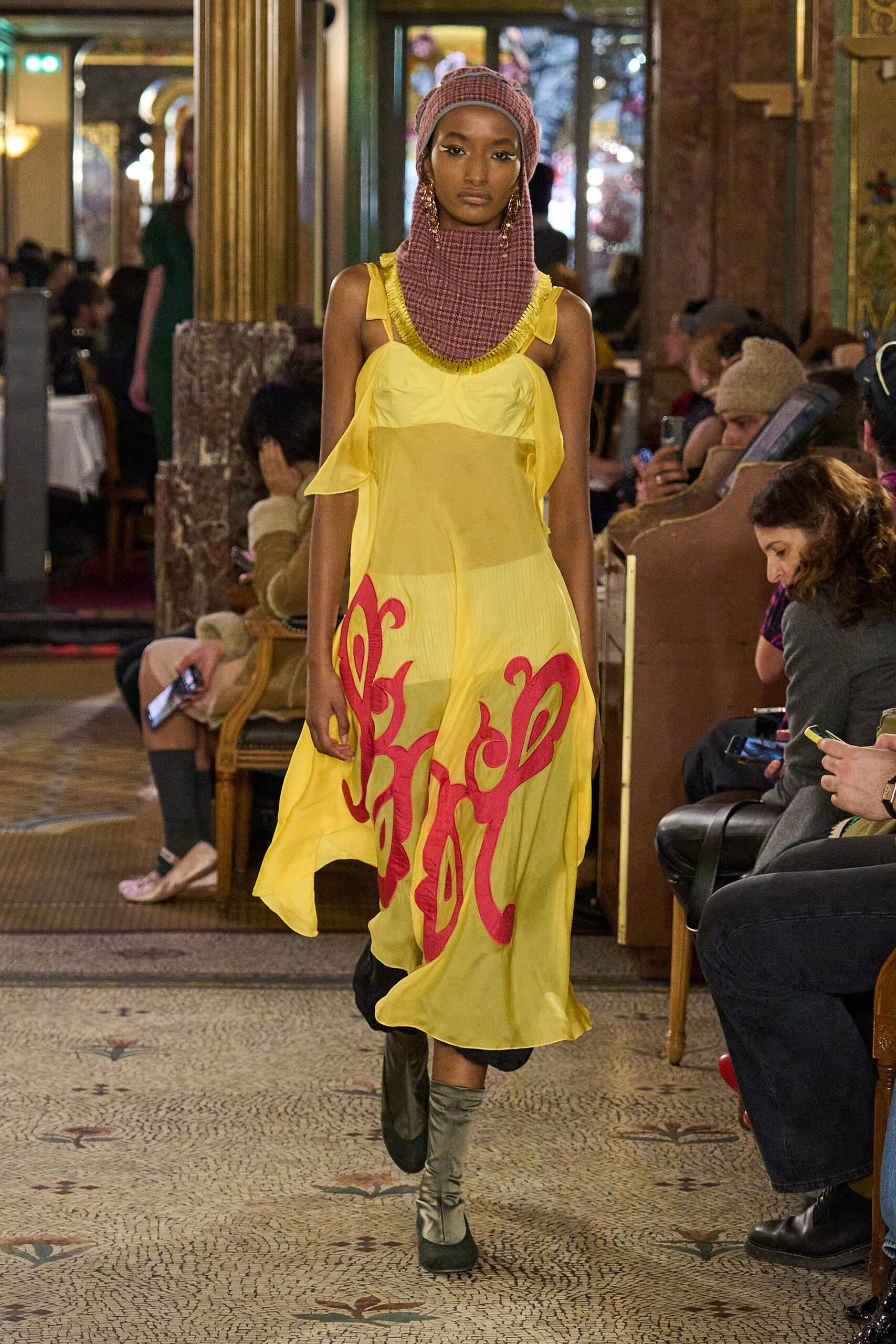 yellow silk sleeveless v-neck relaxed draped embroidered dress