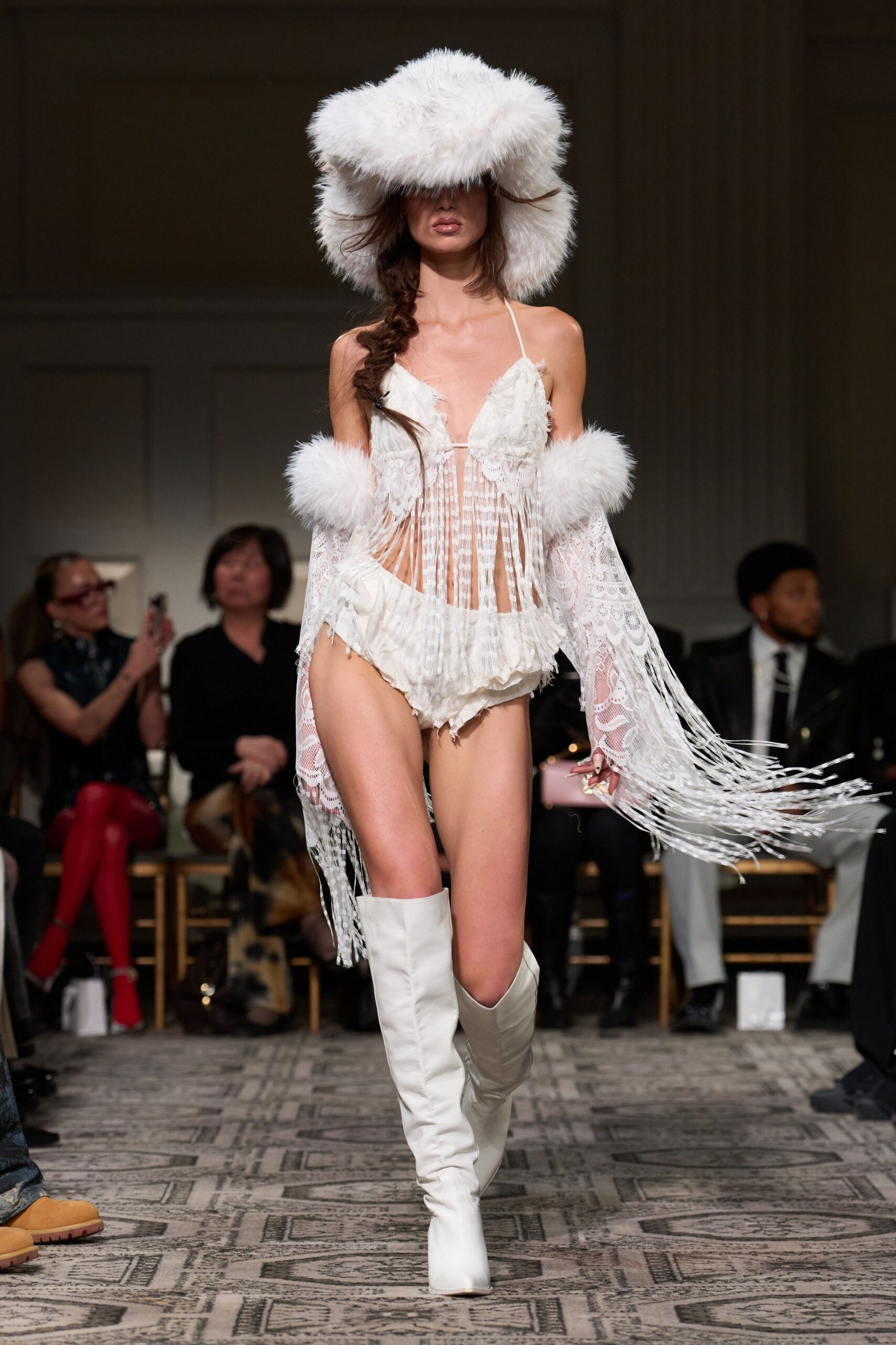 white lace sleeveless v-neck fitted fringed bodysuit