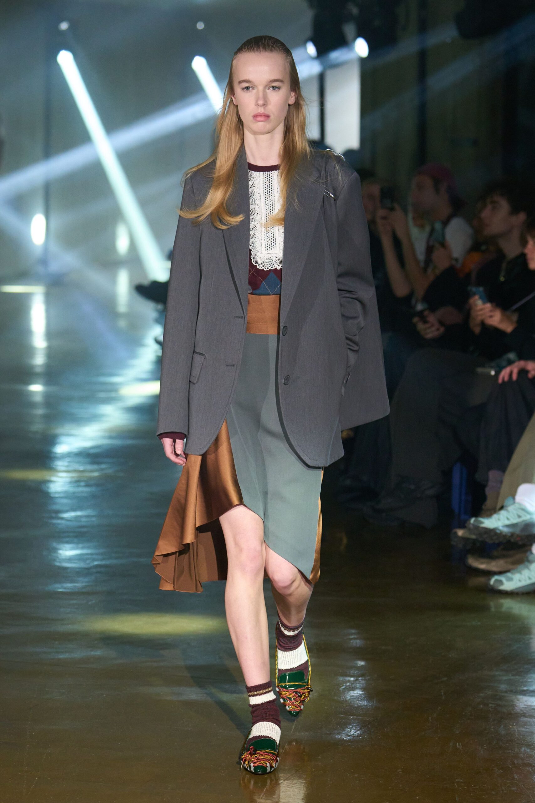 gray oversized blazer with layered skirt