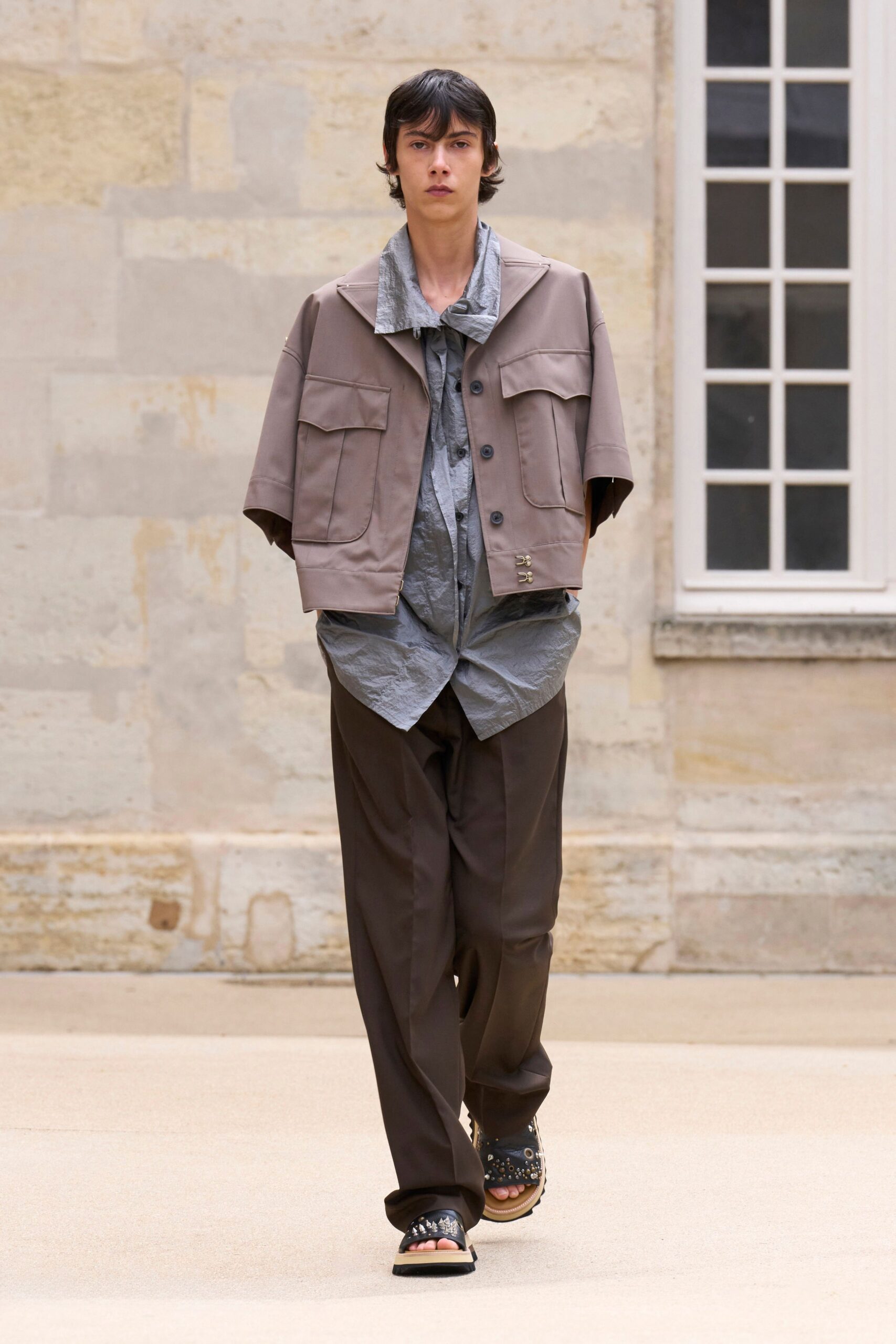 gray relaxed jacket with blue shirt
