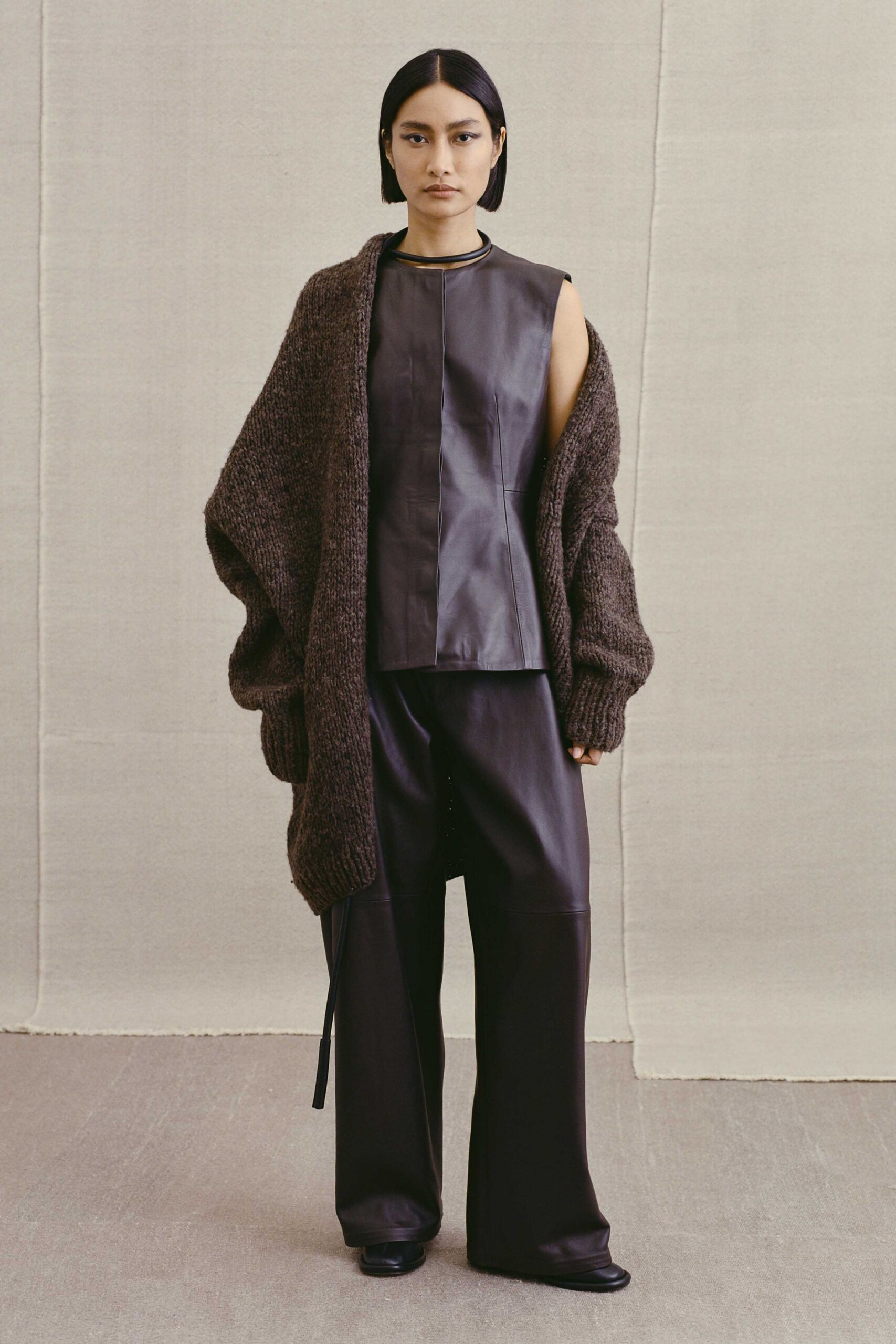 brown wool long-sleeve oversized cardigan