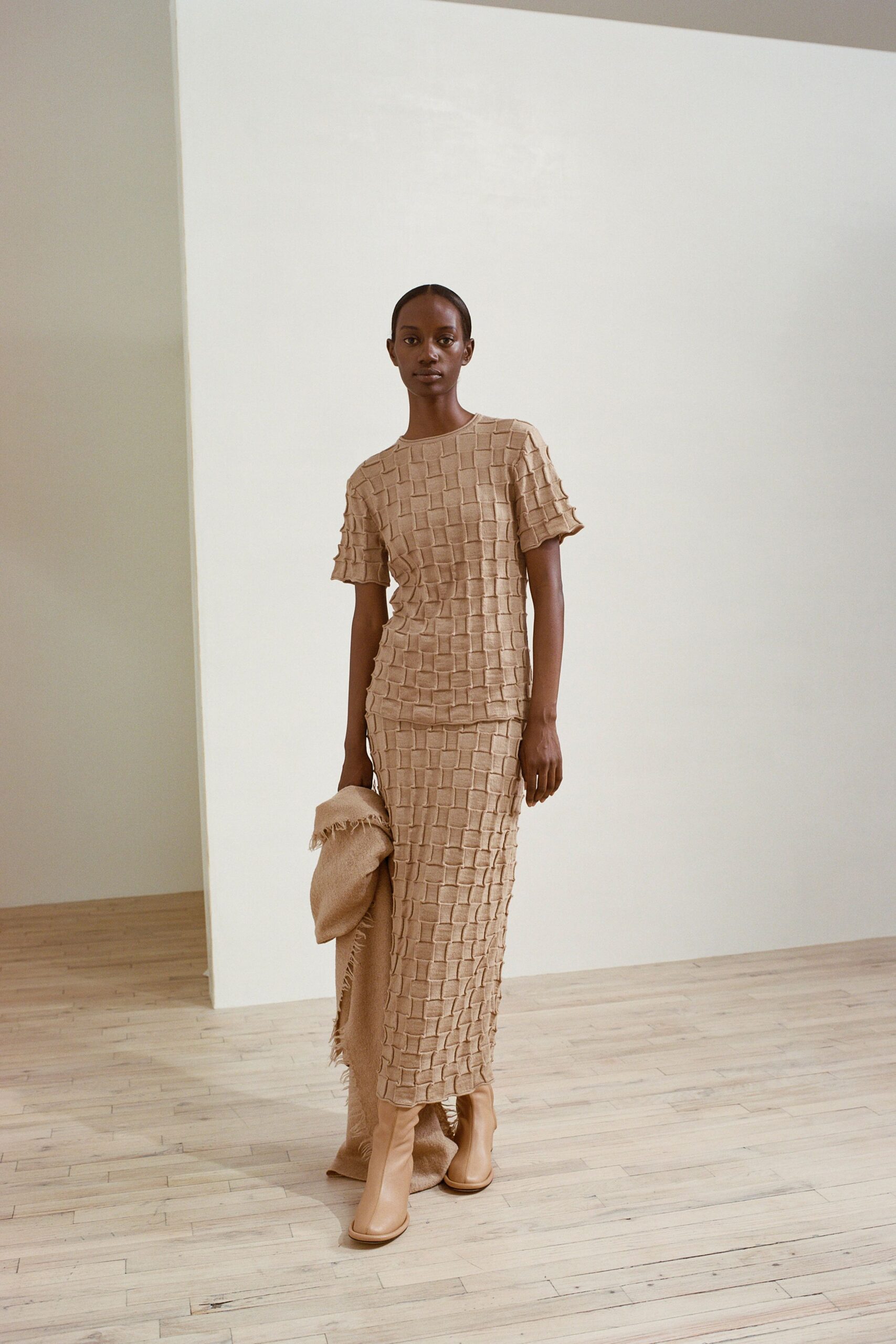 beige cotton long-sleeve fitted fringed textured midi skirt