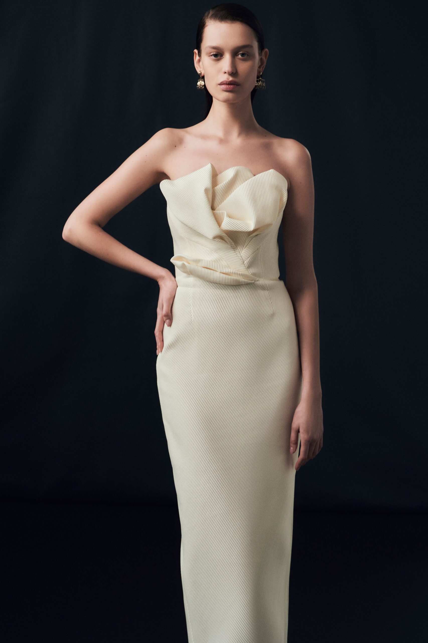 ivory silk strapless gown
