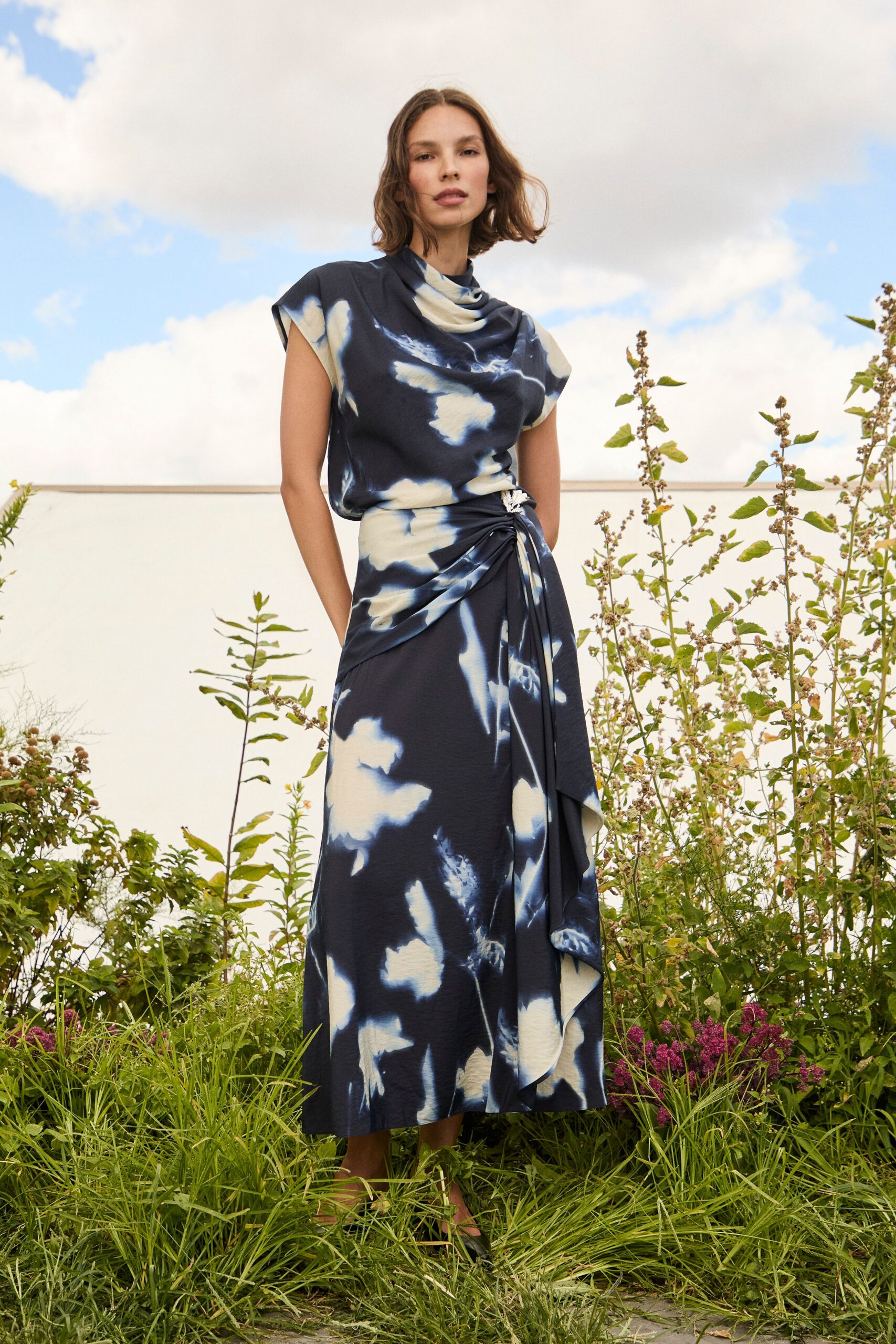 blue and white draped maxi dress