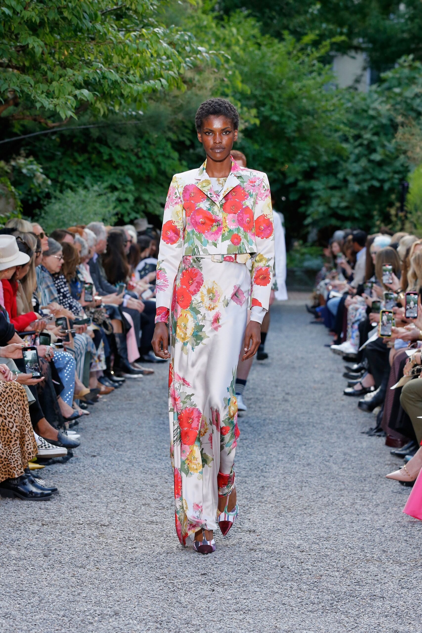 white silk long-sleeve collared fitted floral maxi dress