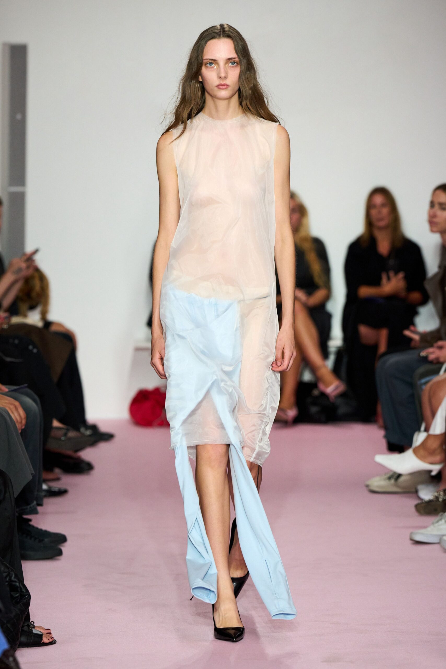 pink chiffon sleeveless high-neck fitted layered sheer dress