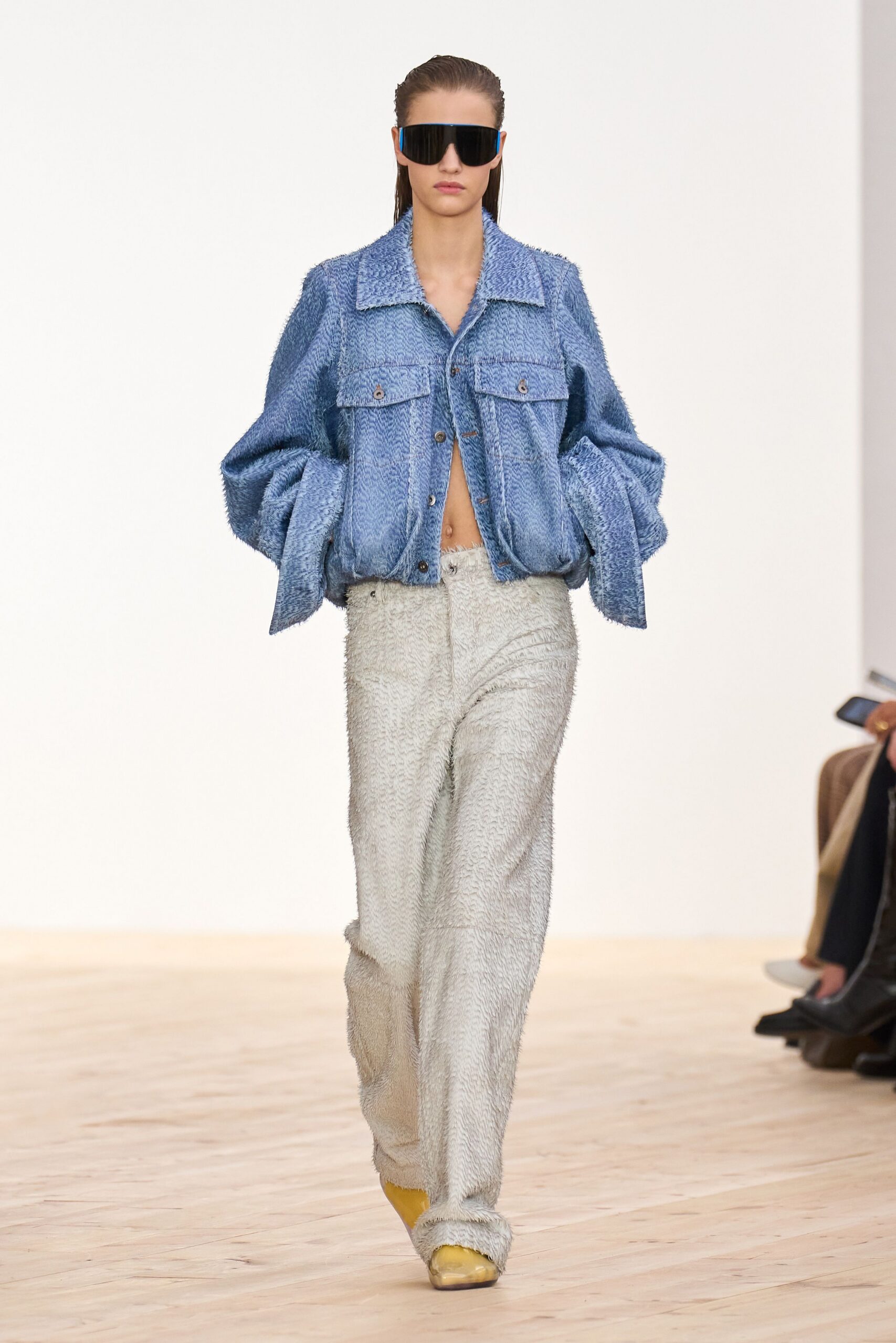 blue denim long-sleeve collared oversized textured jacket