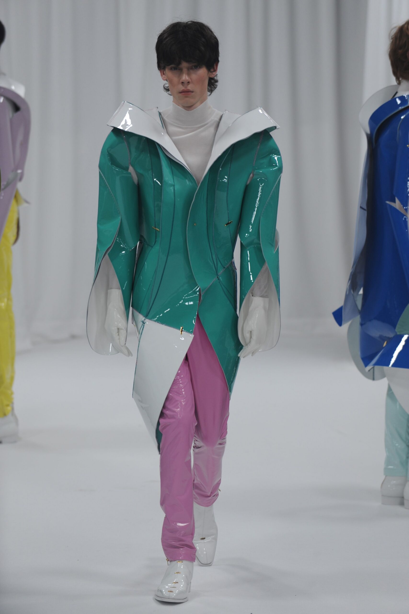 teal vinyl long-sleeve collared structured zippered shiny jacket