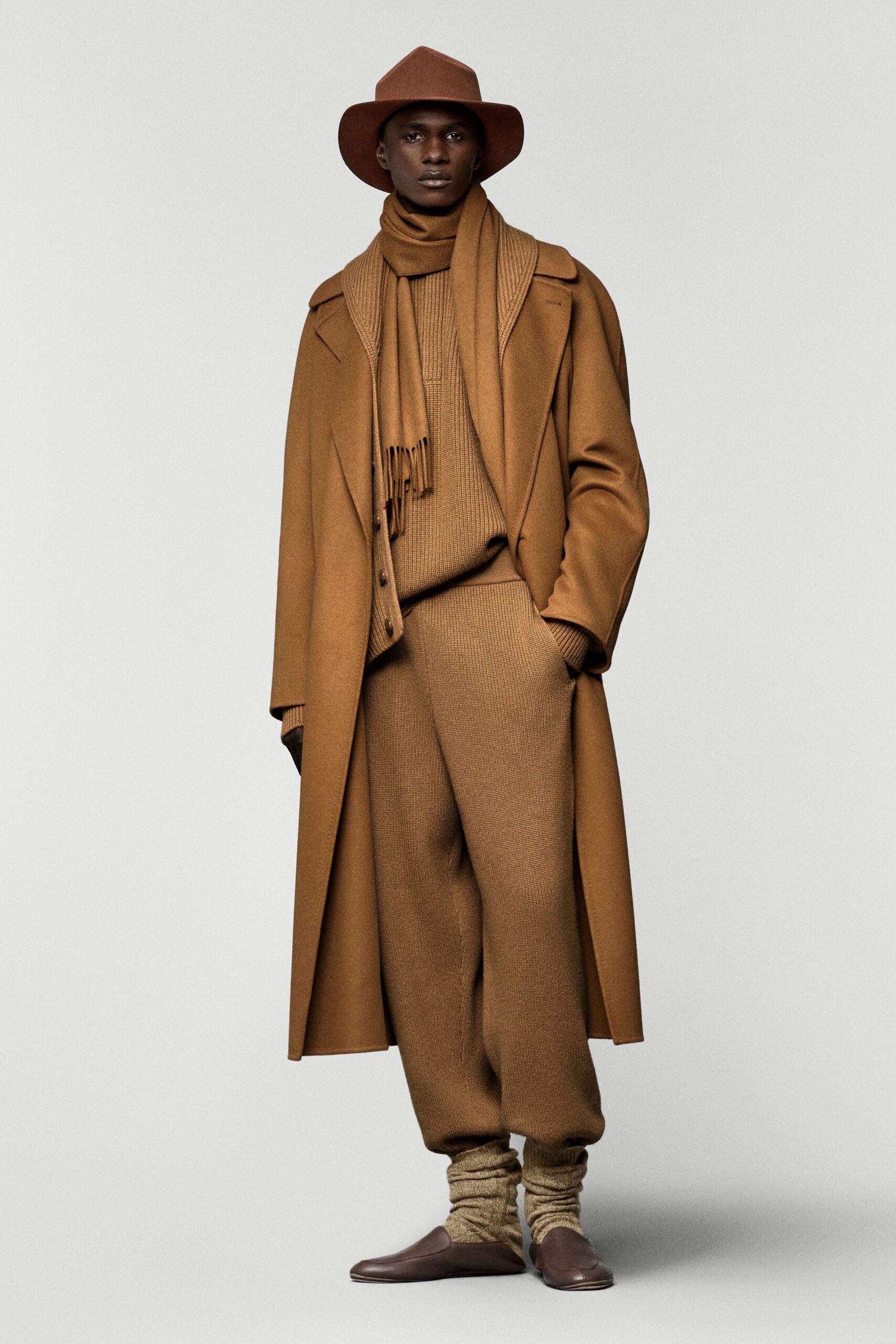 brown wool long-sleeve collared relaxed buttoned maxi coat