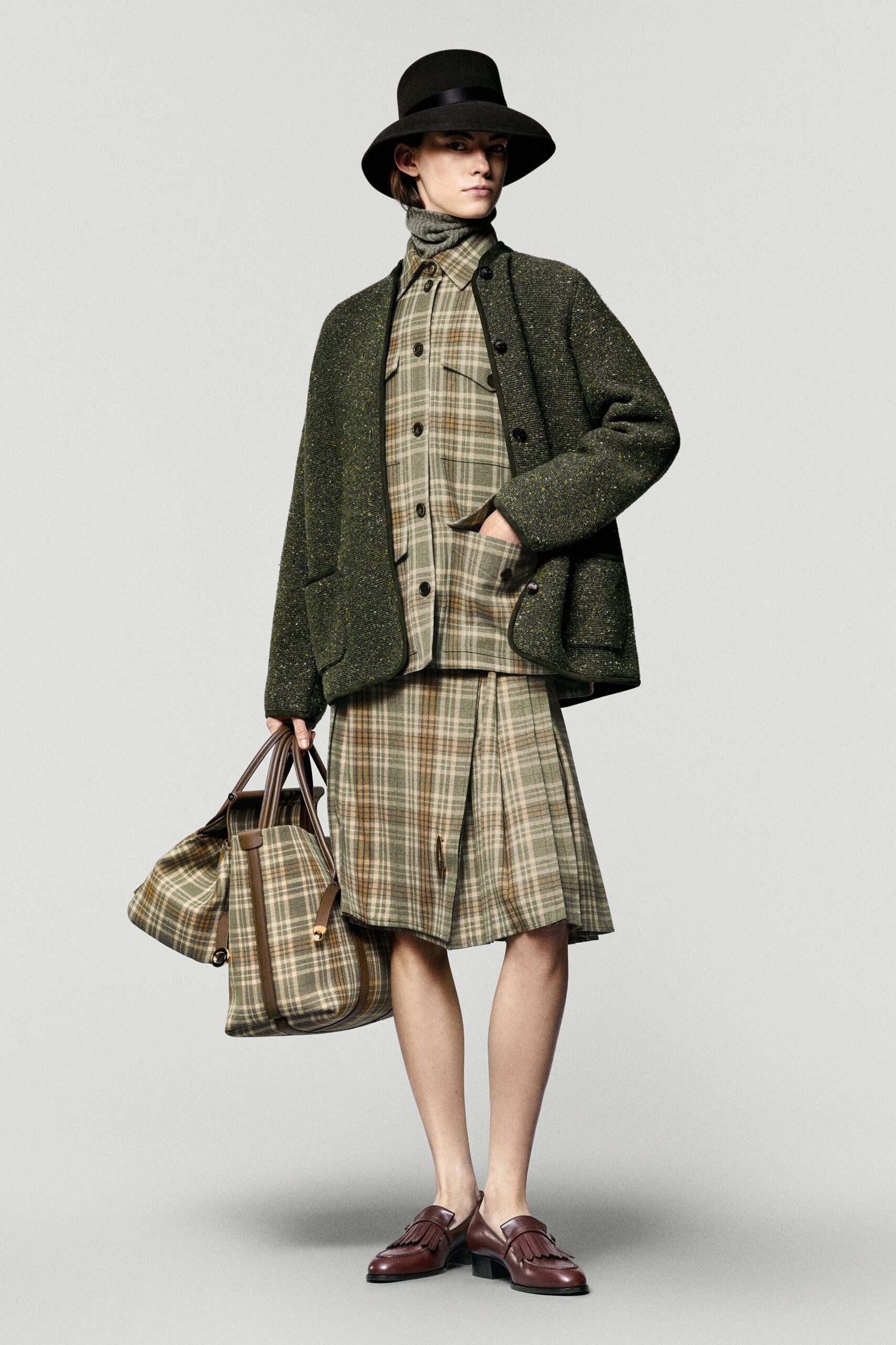 beige cotton long-sleeve collared fitted checked buttoned shirt-dress
