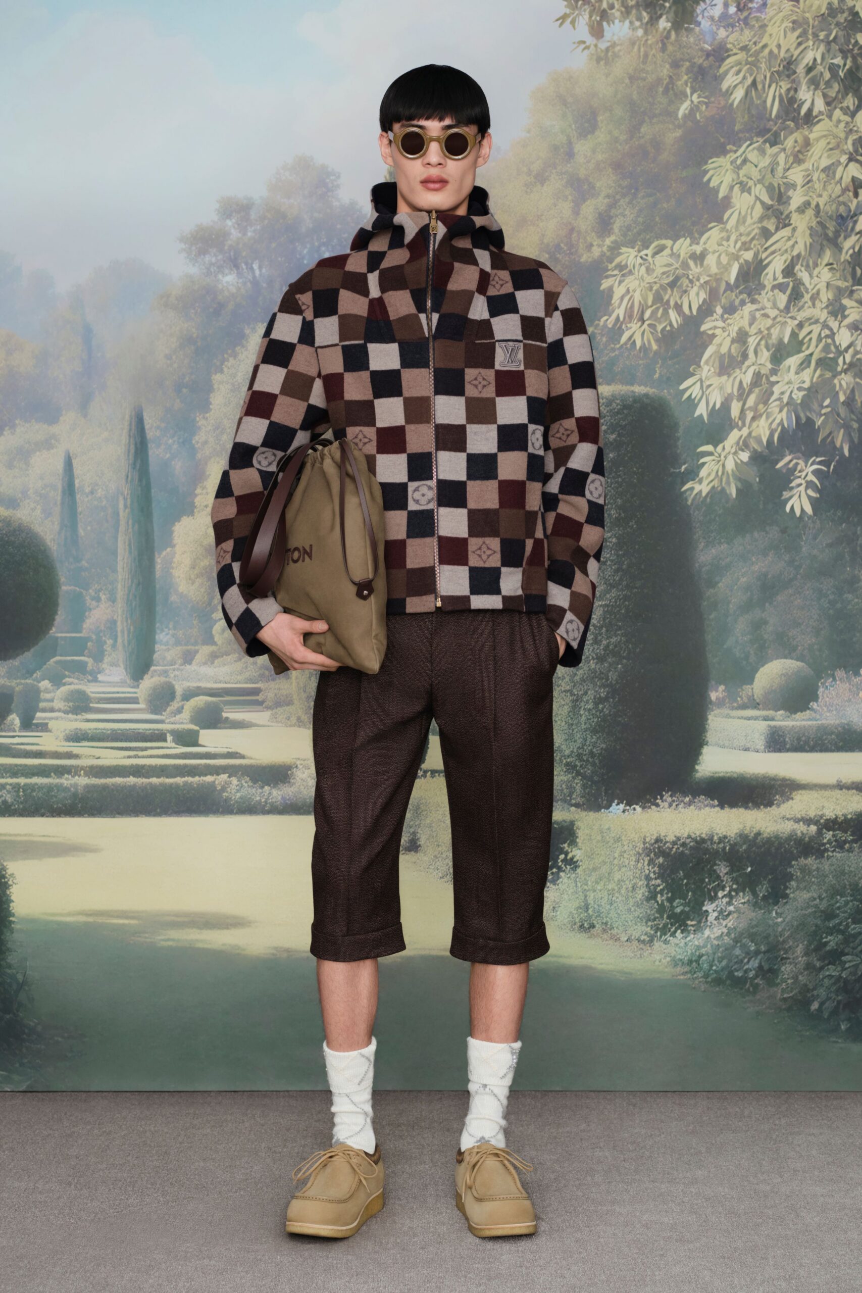 brown checked jacket with shorts