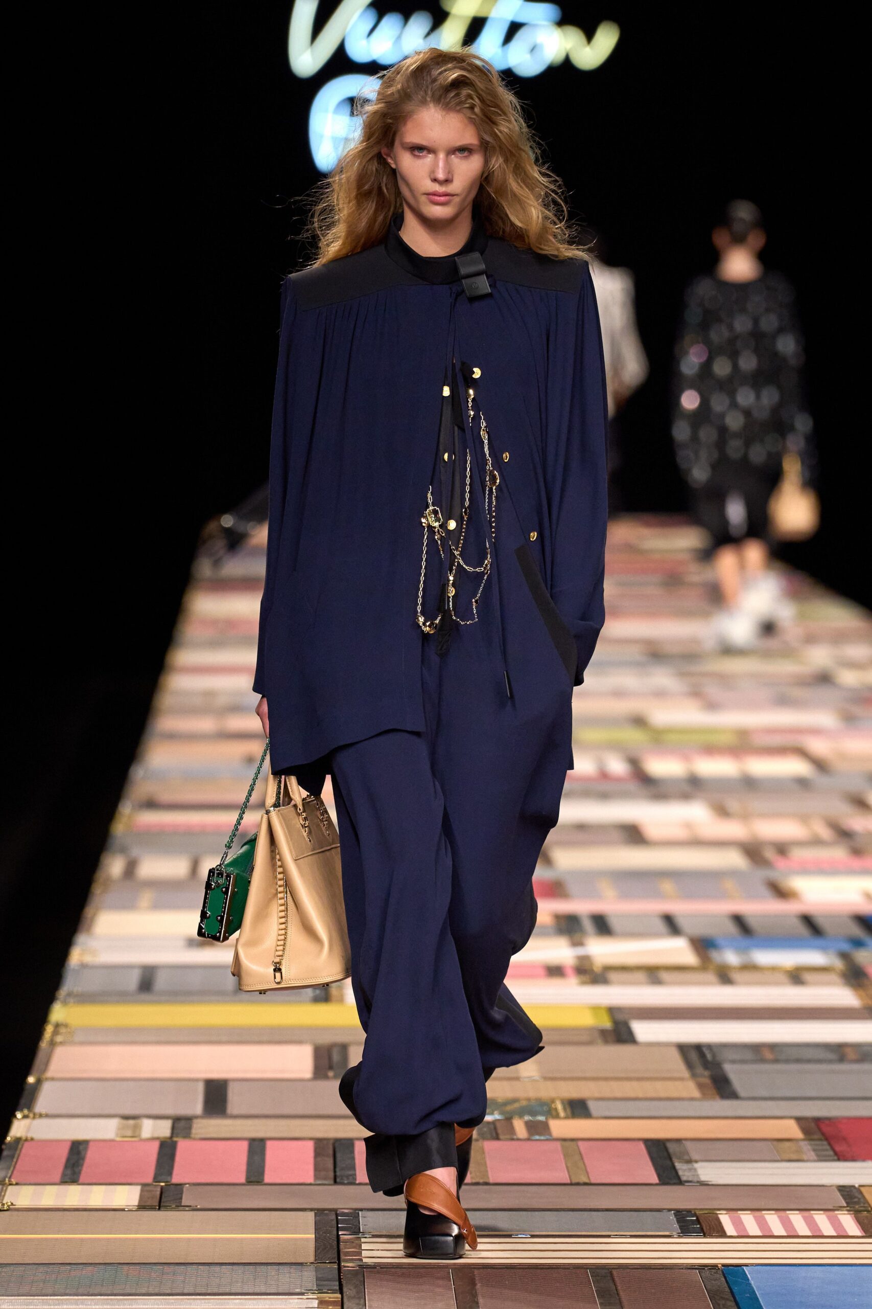 blue silk long-sleeve collared relaxed draped jumpsuit
