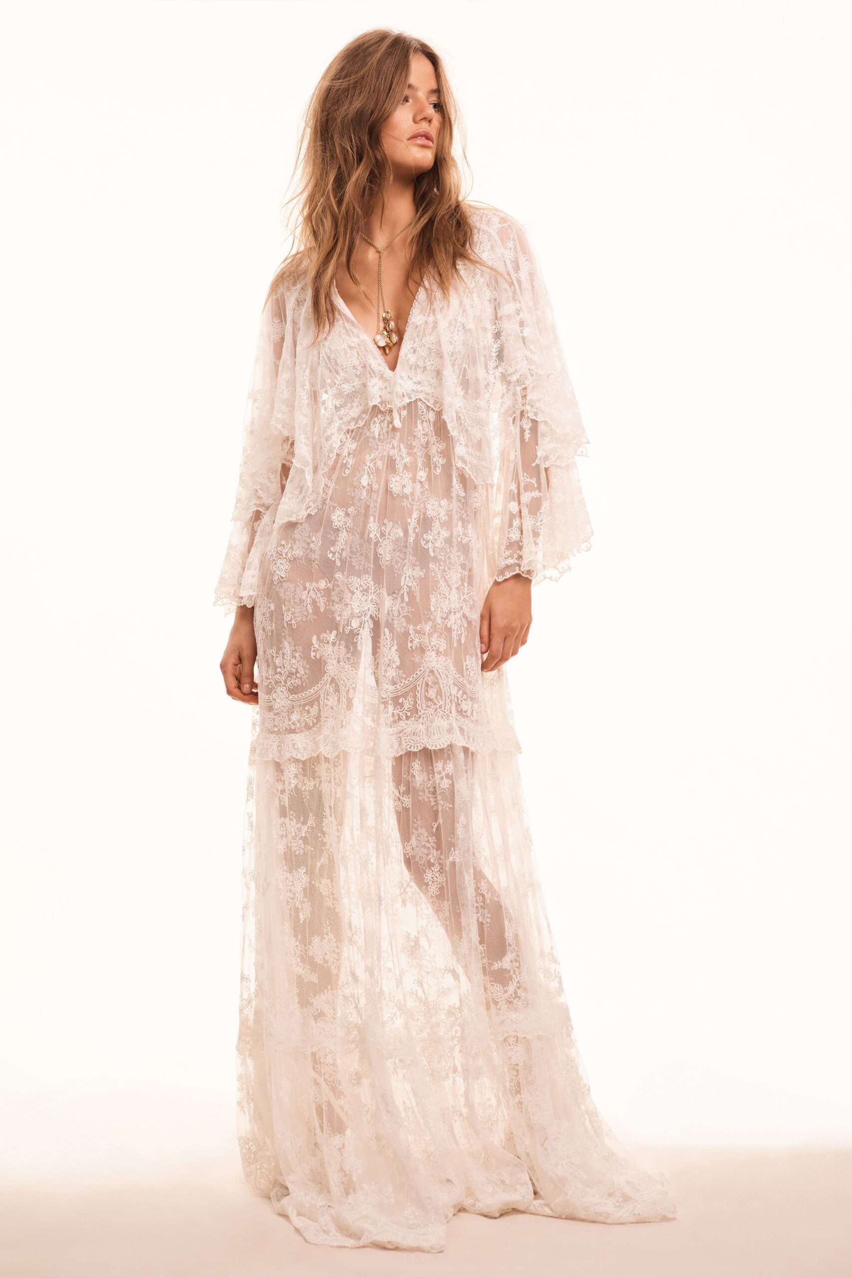 white lace long-sleeve gown