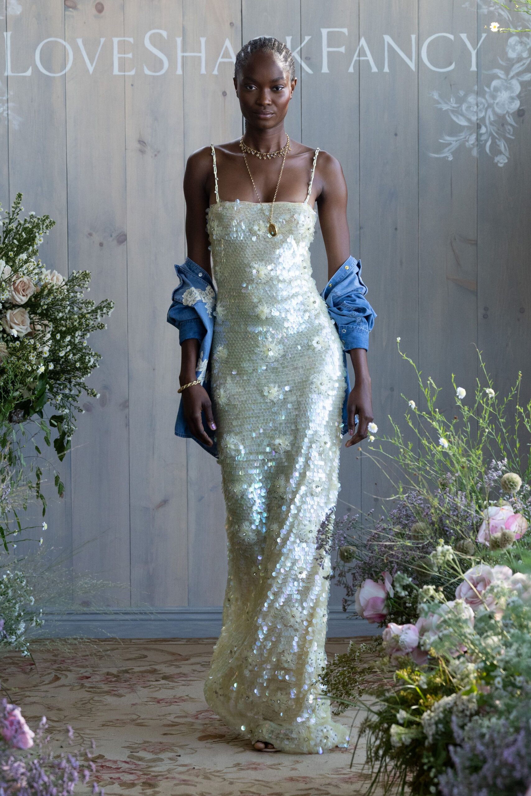 ivory sequin sleeveless square-neck fitted layered shiny gown